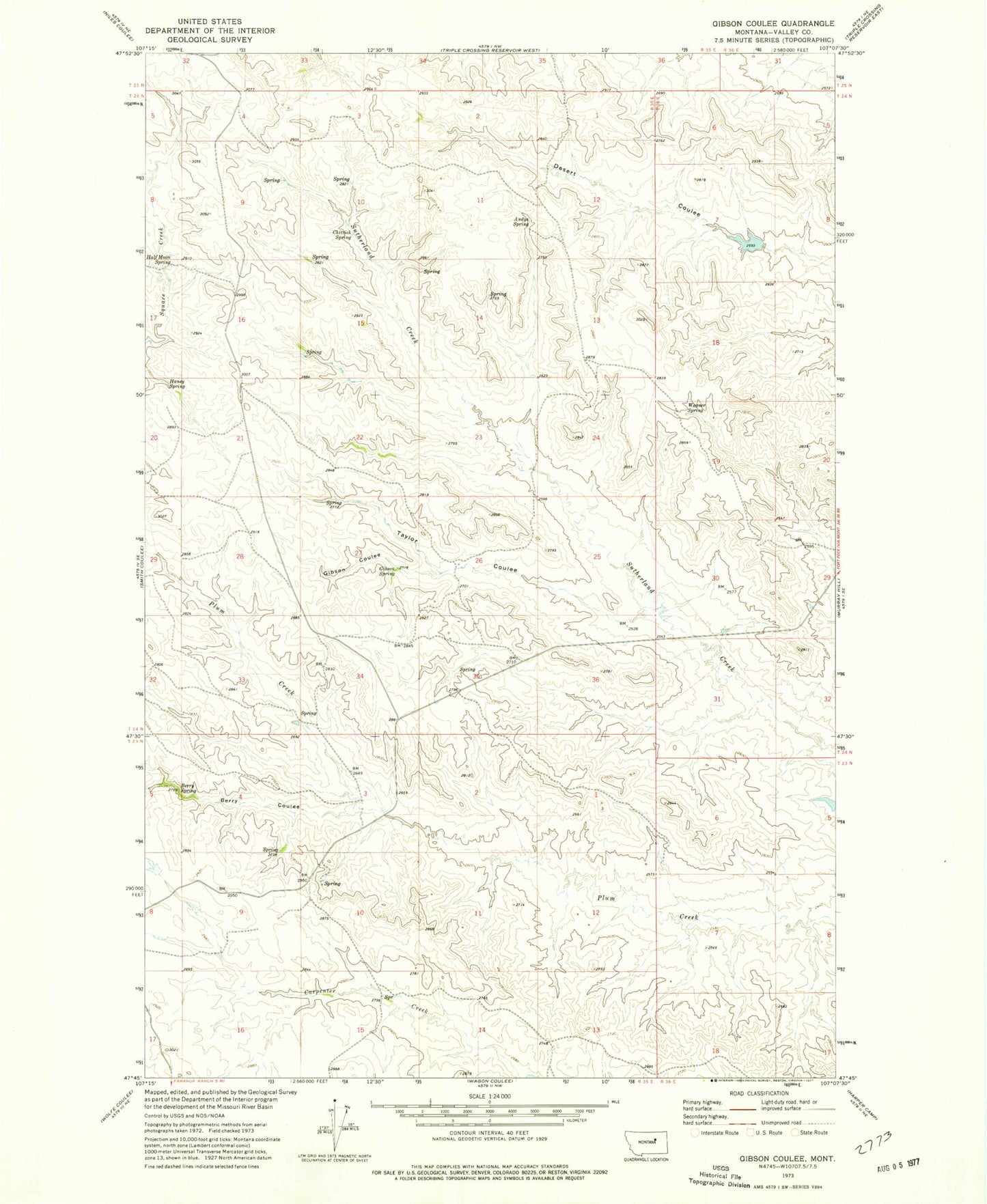Classic USGS Gibson Coulee Montana 7.5'x7.5' Topo Map Image