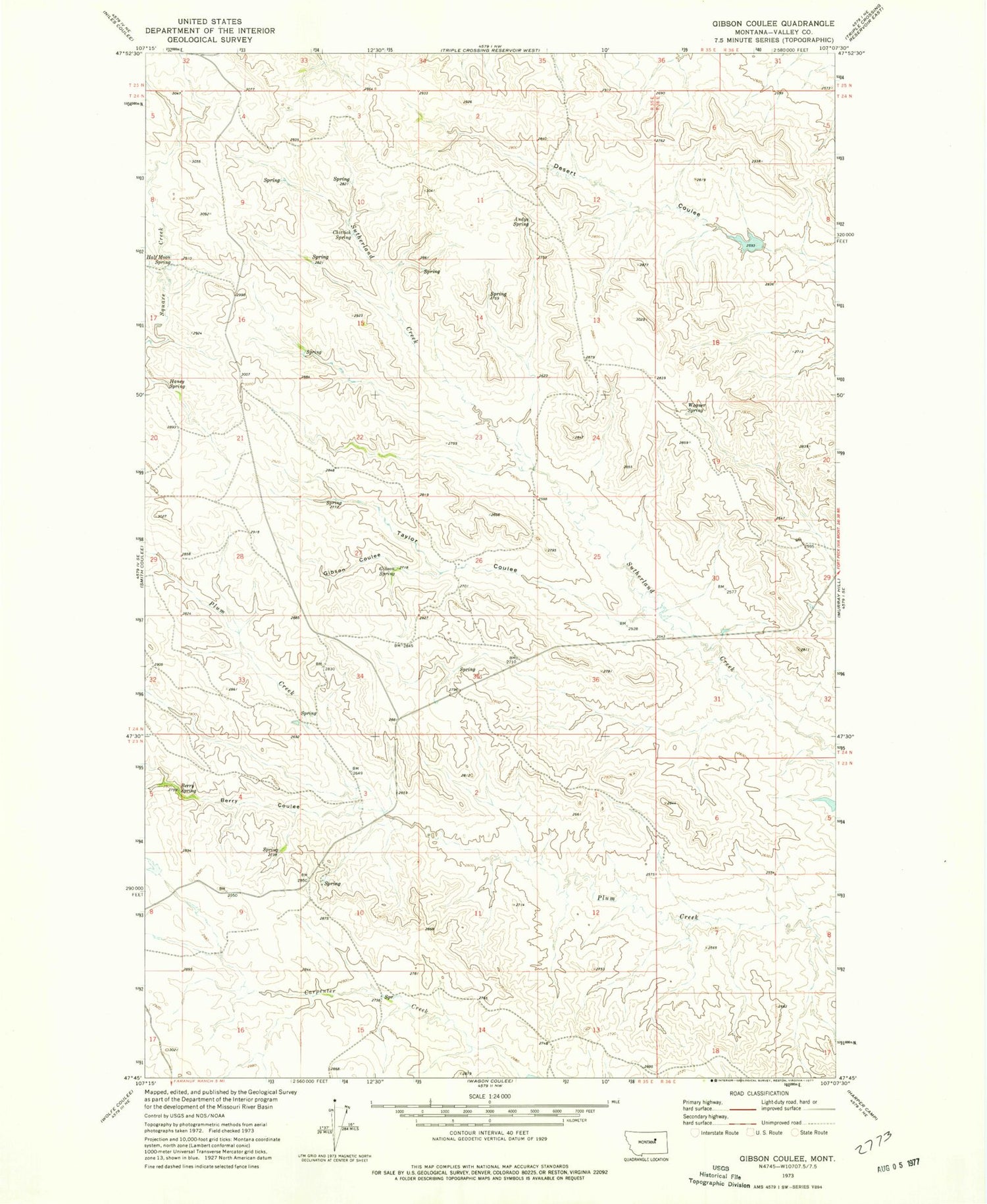 Classic USGS Gibson Coulee Montana 7.5'x7.5' Topo Map Image