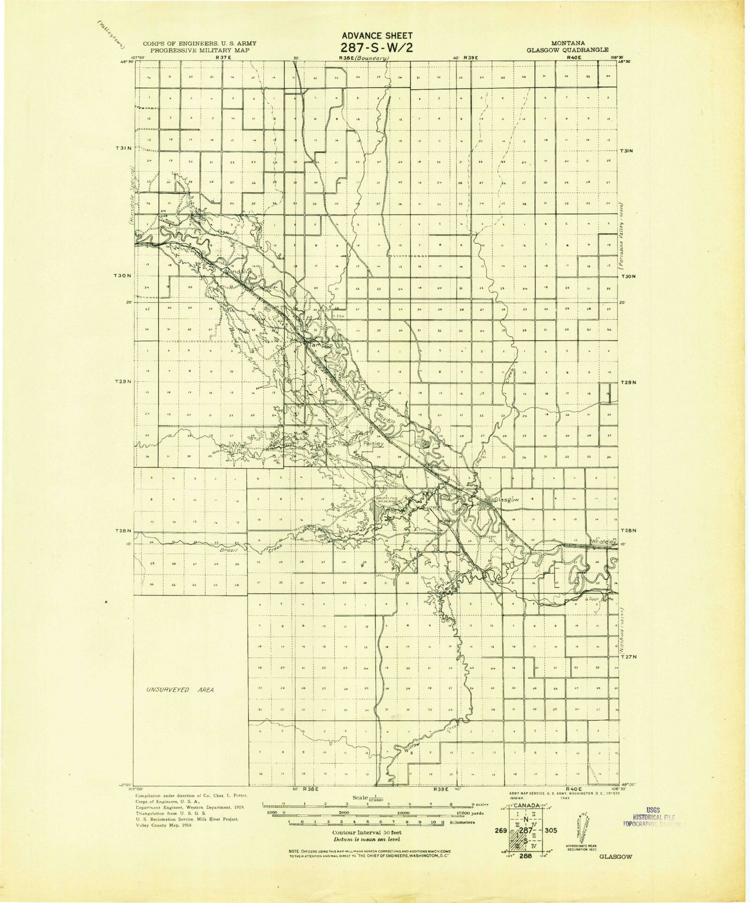 Historic 1943 Glascow Montana 30'x30' Topo Map Image
