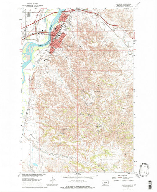 Classic USGS Glendive Montana 7.5'x7.5' Topo Map Image