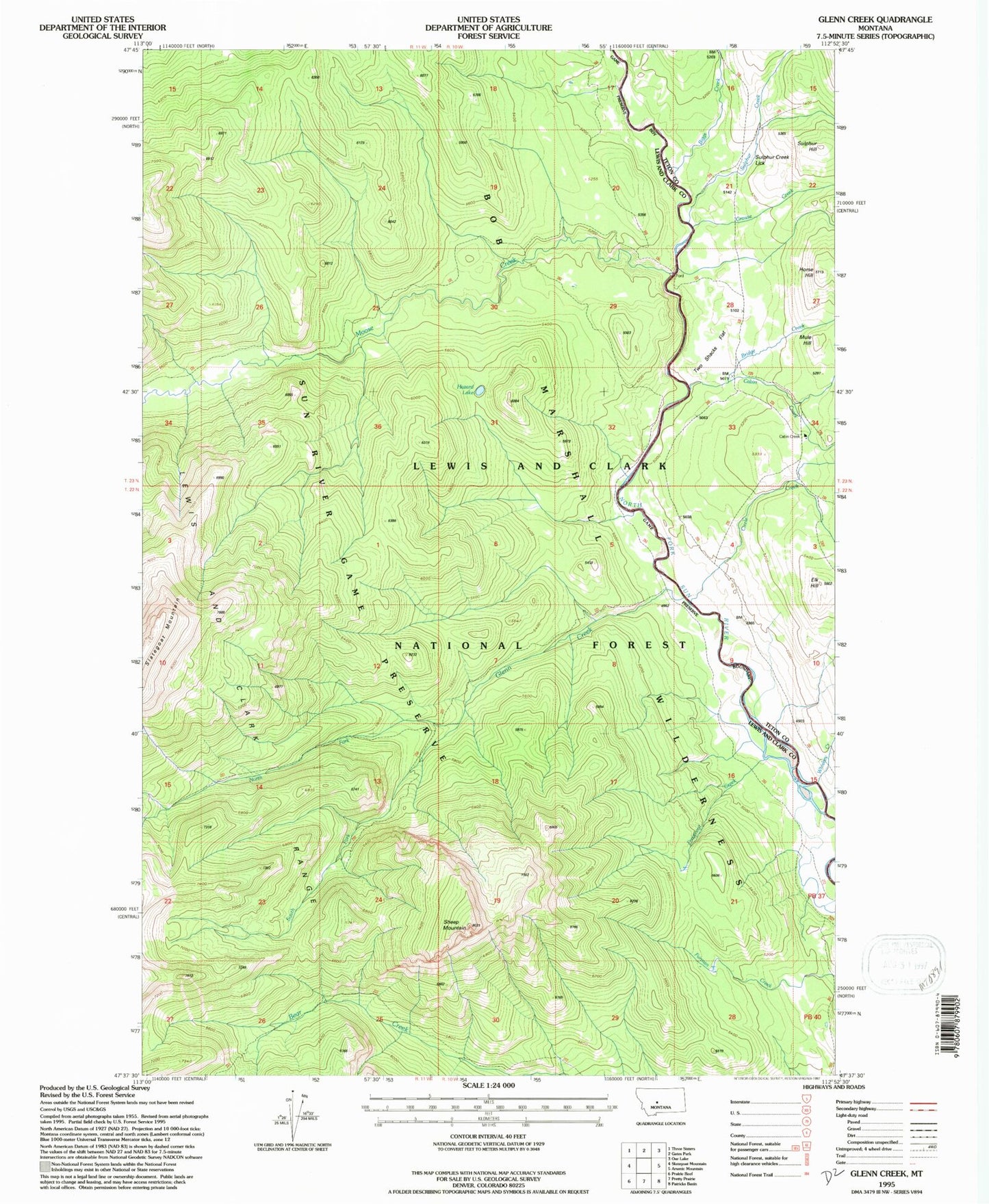 Classic USGS Glenn Creek Montana 7.5'x7.5' Topo Map Image