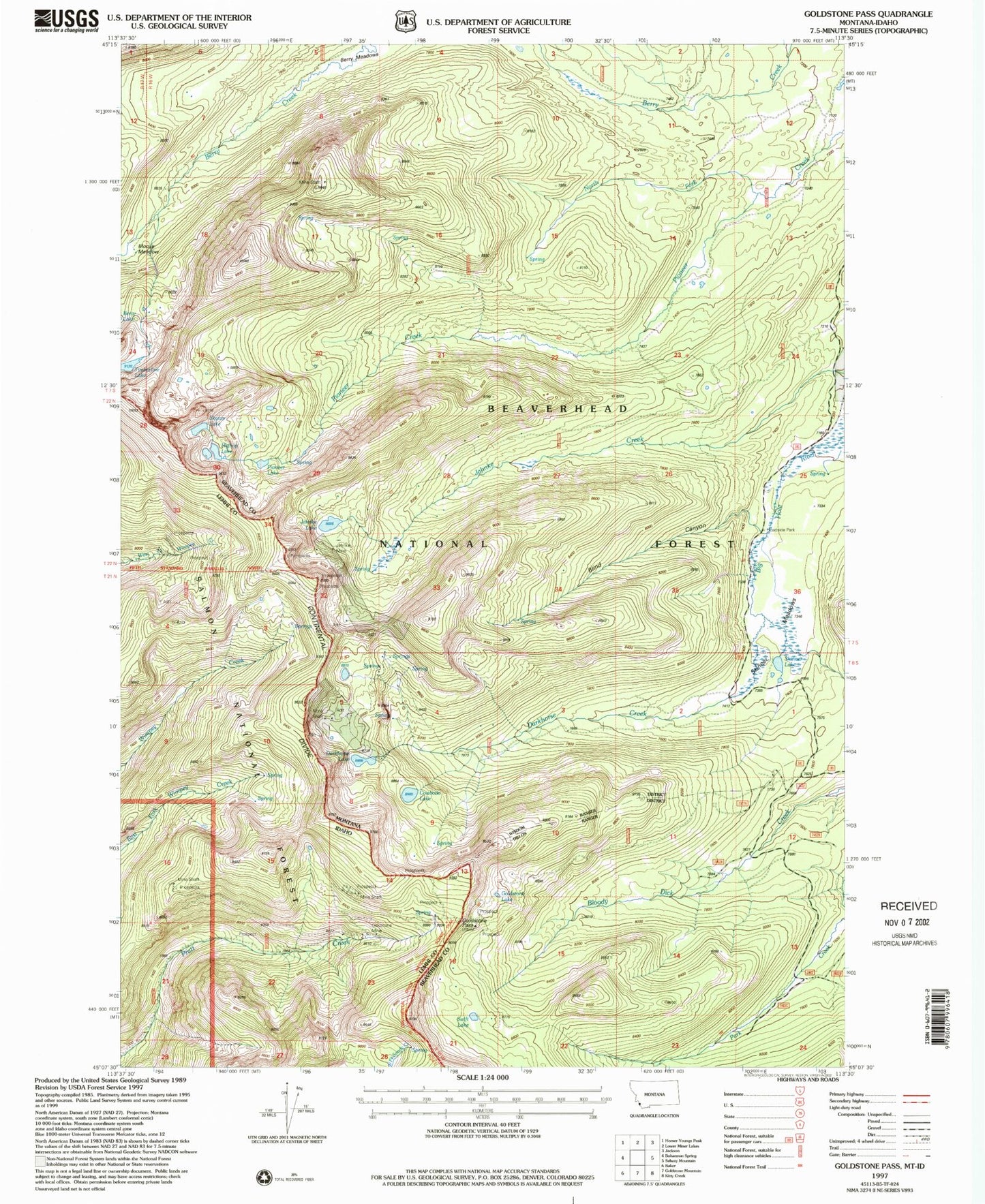 Classic USGS Goldstone Pass Montana 7.5'x7.5' Topo Map Image