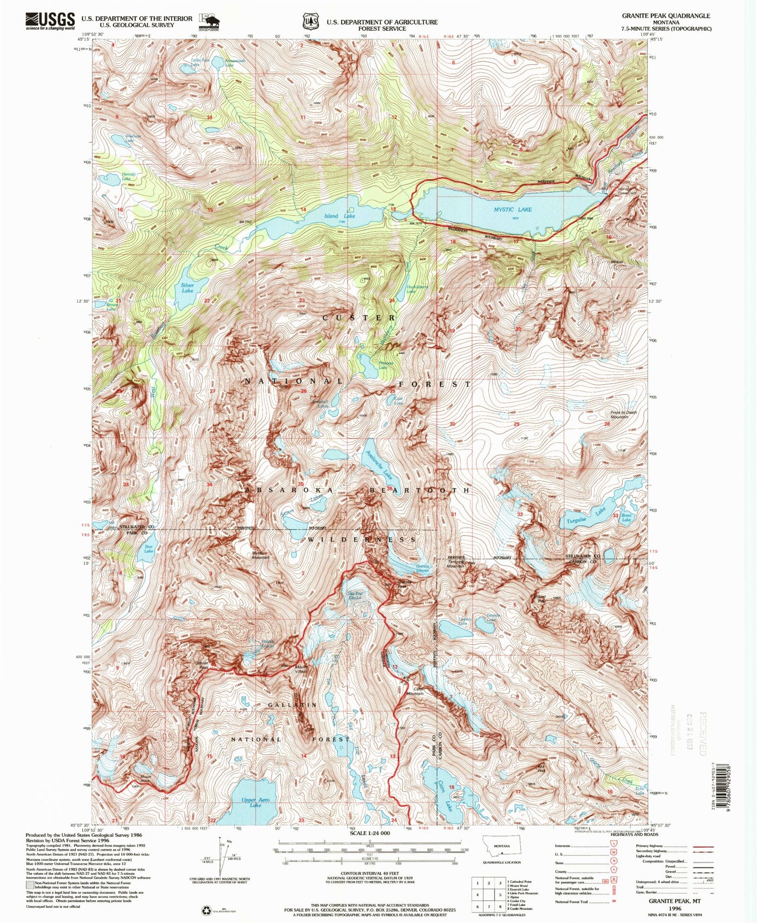 USGS Classic Granite Peak Montana 7.5'x7.5' Topo Map Image