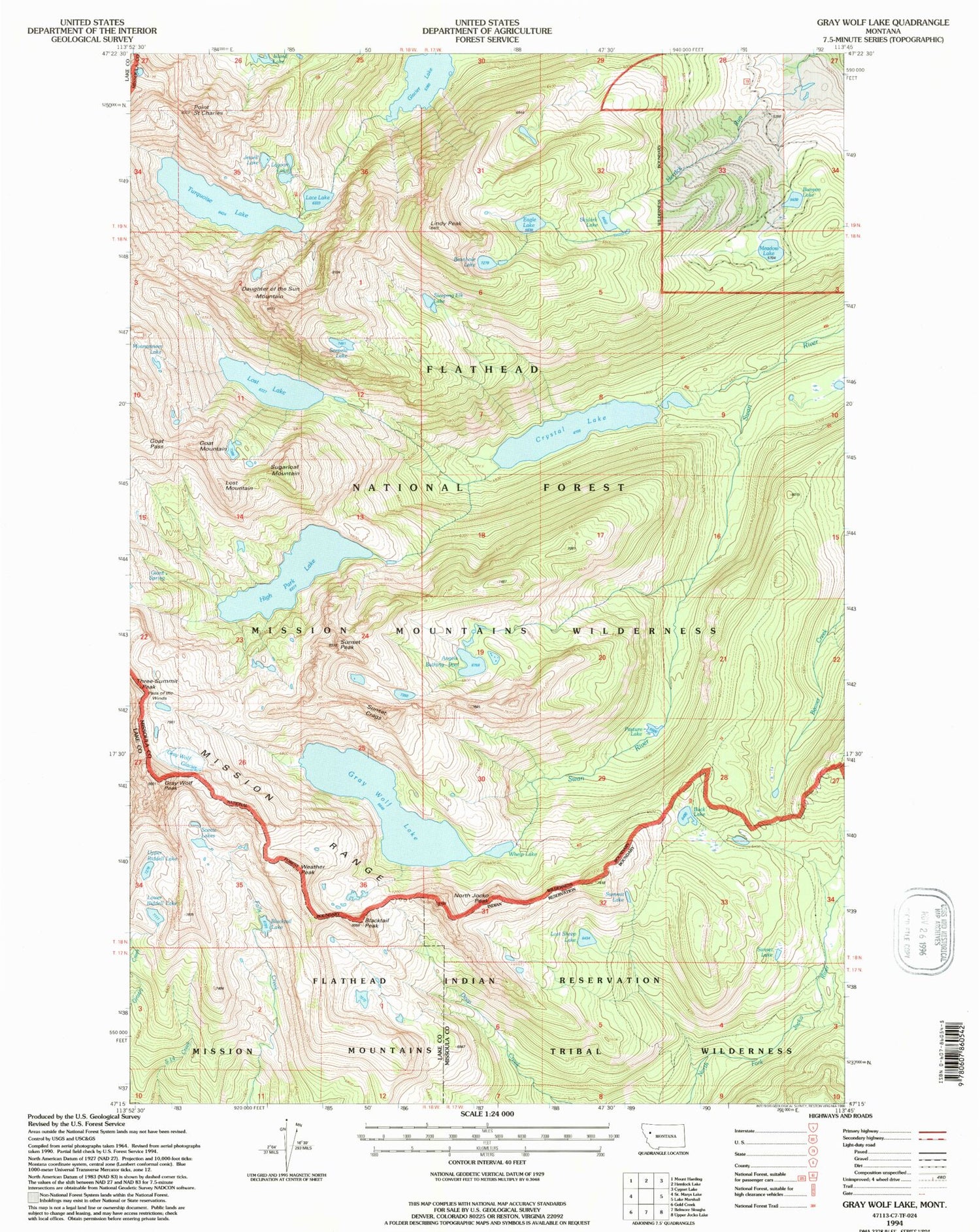 Classic USGS Gray Wolf Lake Montana 7.5'x7.5' Topo Map Image