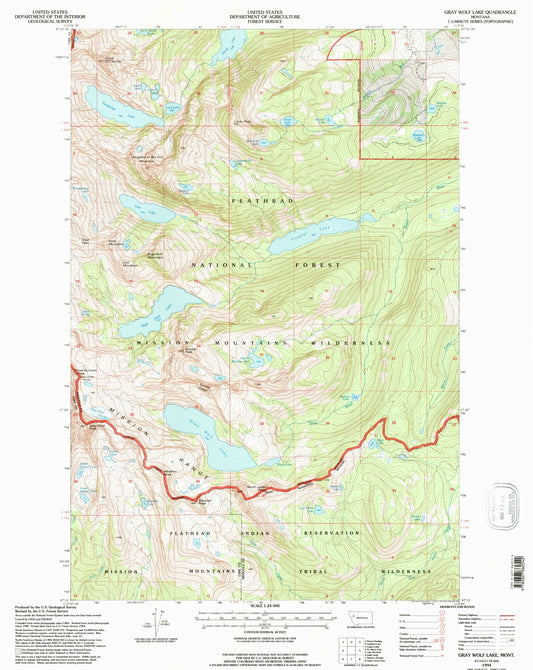 Classic USGS Gray Wolf Lake Montana 7.5'x7.5' Topo Map Image