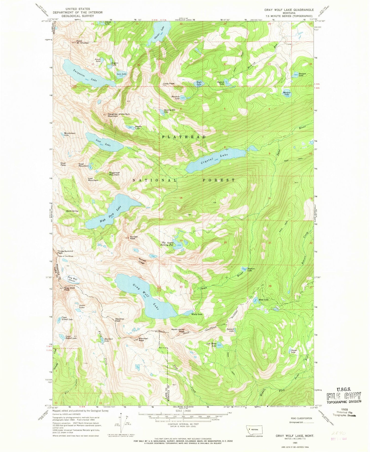 Classic USGS Gray Wolf Lake Montana 7.5'x7.5' Topo Map Image