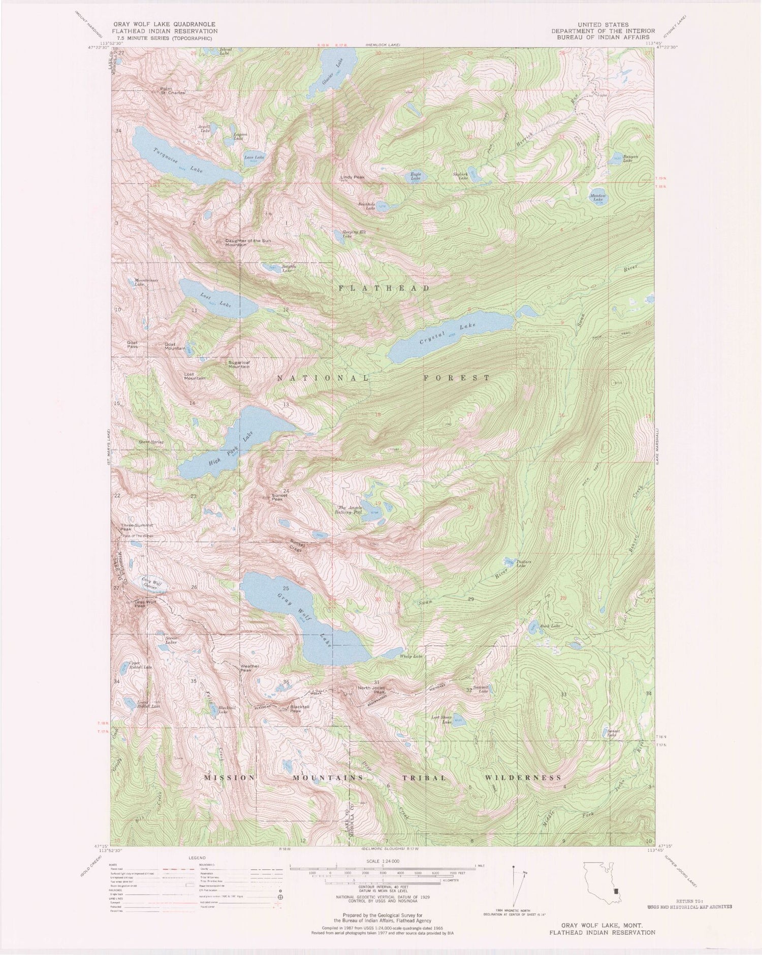 Classic USGS Gray Wolf Lake Montana 7.5'x7.5' Topo Map Image