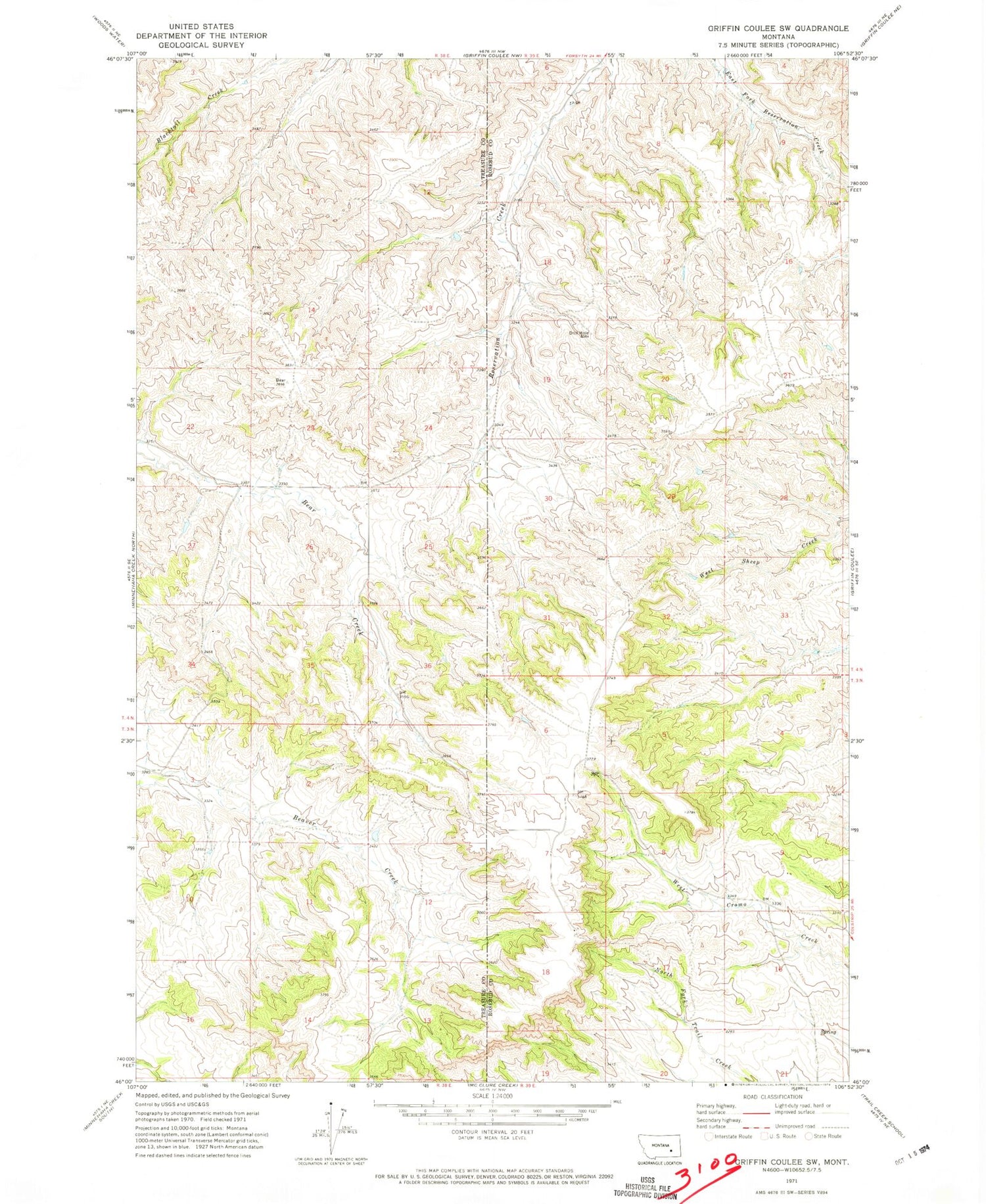 Classic USGS Griffin Coulee SW Montana 7.5'x7.5' Topo Map Image
