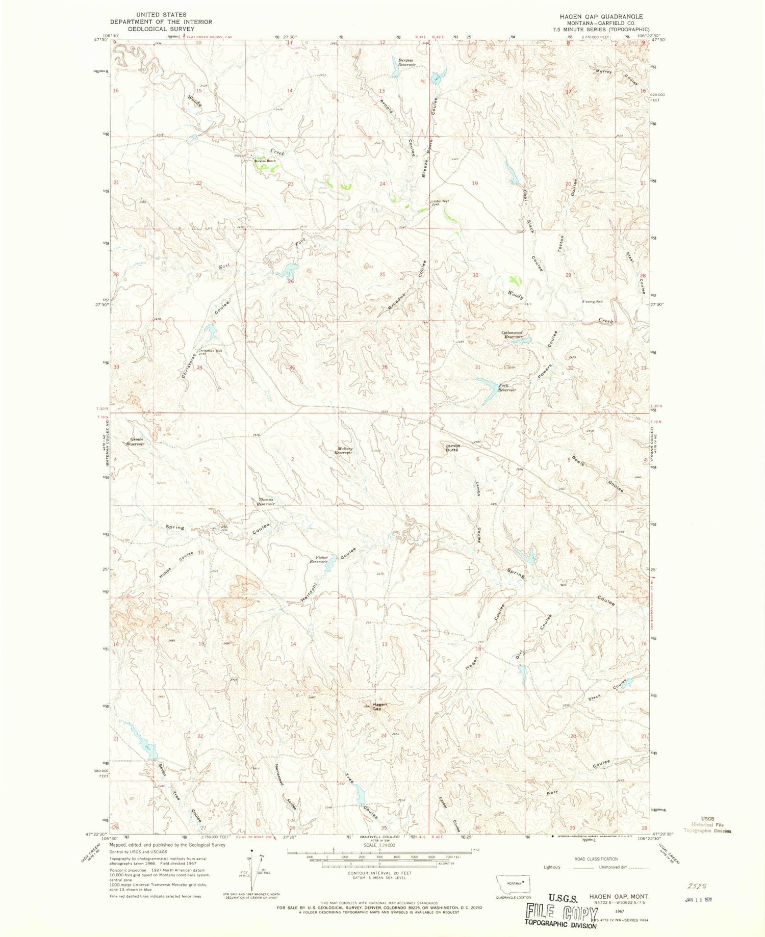 Classic USGS Hagen Gap Montana 7.5'x7.5' Topo Map Image