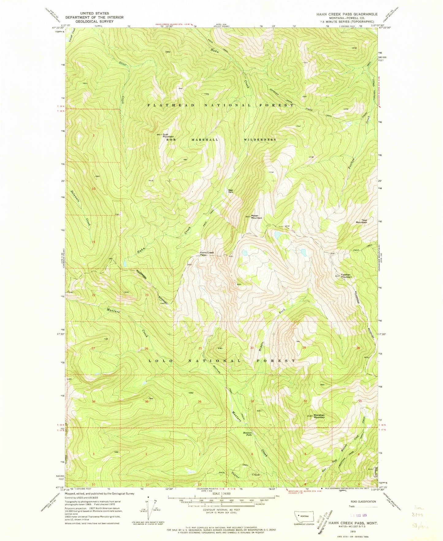 Classic USGS Hahn Creek Pass Montana 7.5'x7.5' Topo Map Image