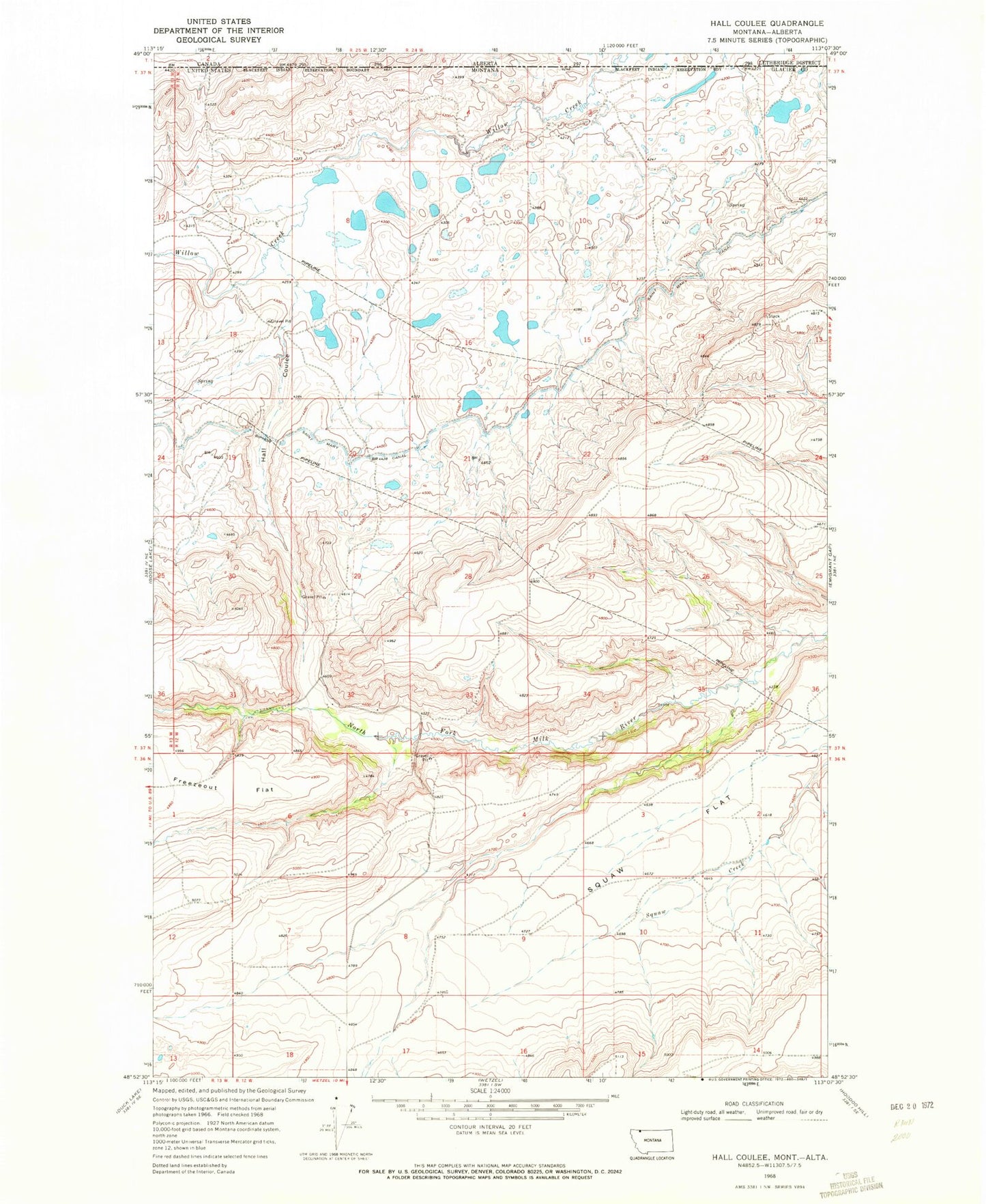 Classic USGS Hall Coulee Montana 7.5'x7.5' Topo Map Image