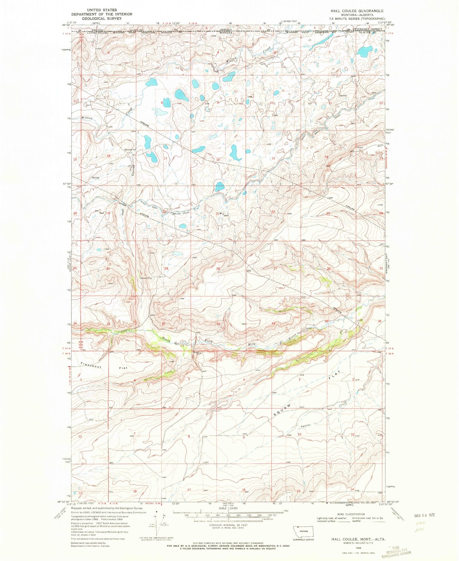 Classic USGS Hall Coulee Montana 7.5'x7.5' Topo Map Image