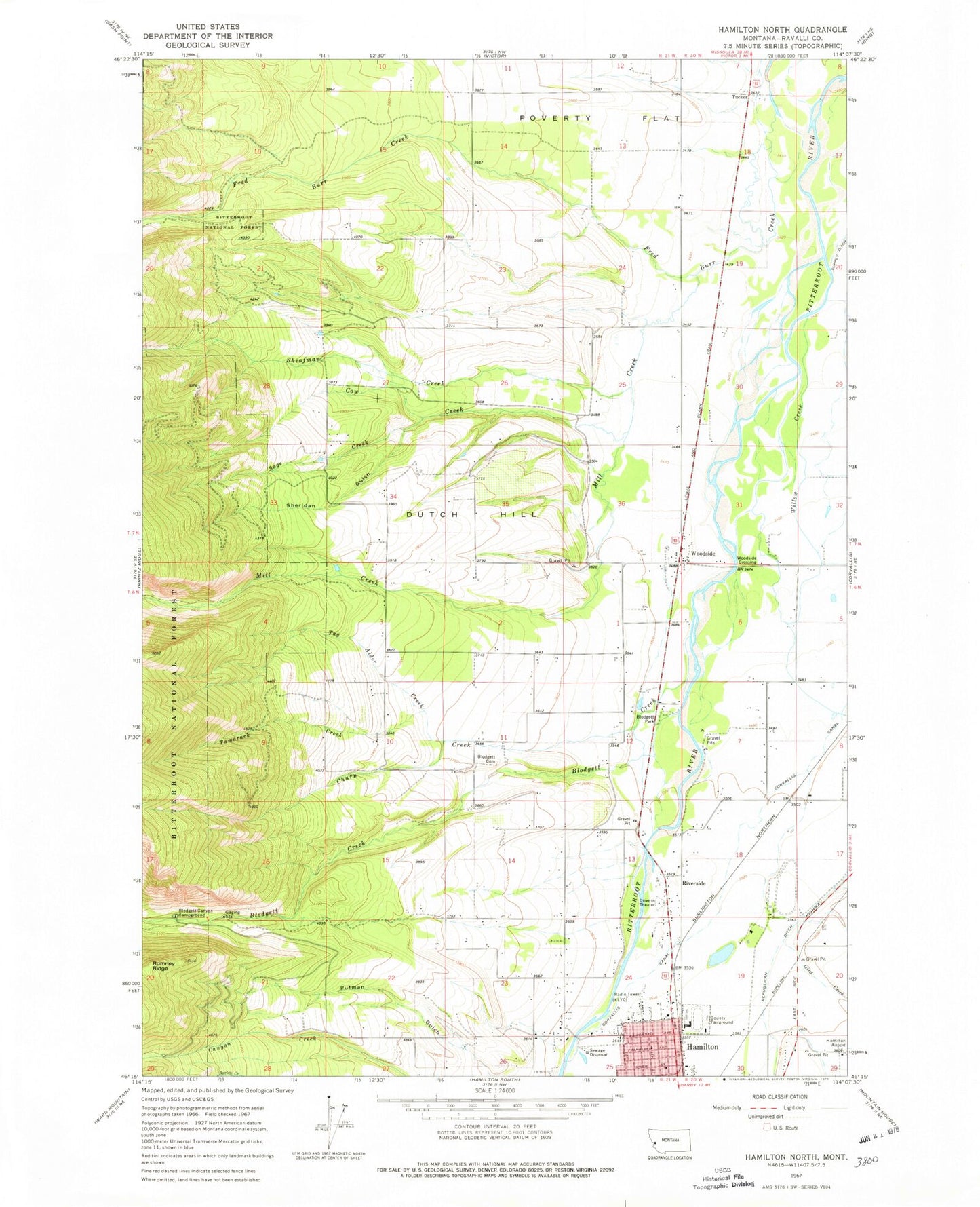 Classic USGS Hamilton North Montana 7.5'x7.5' Topo Map Image