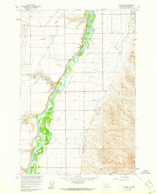 Classic USGS Hardin SW Montana 7.5'x7.5' Topo Map Image