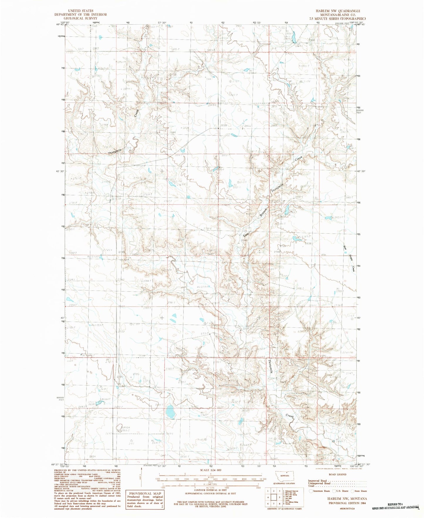 Classic USGS Harlem NW Montana 7.5'x7.5' Topo Map Image