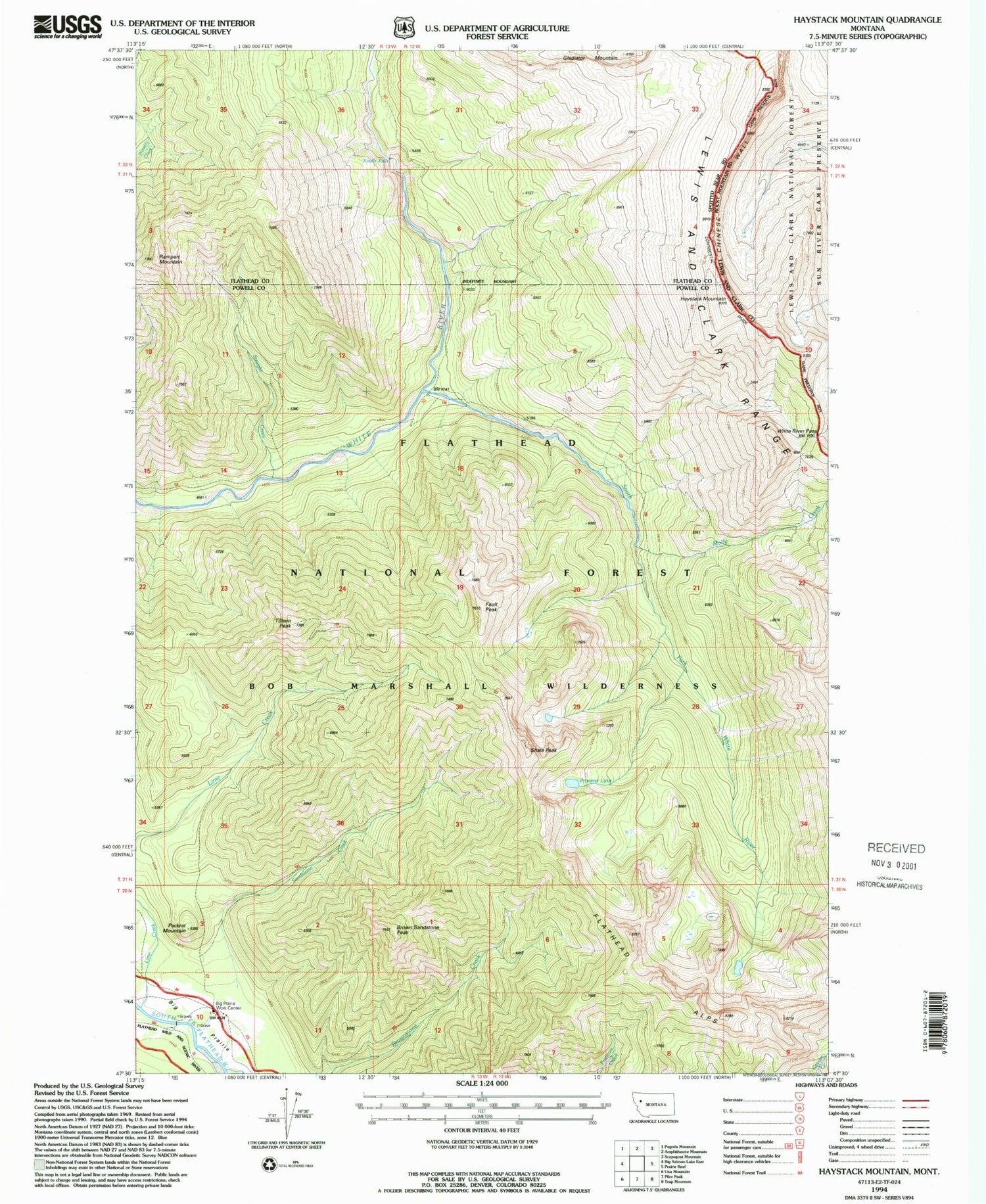Classic USGS Haystack Mountain Montana 7.5'x7.5' Topo Map Image