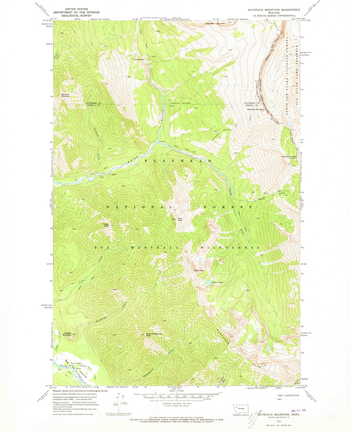 Classic USGS Haystack Mountain Montana 7.5'x7.5' Topo Map Image