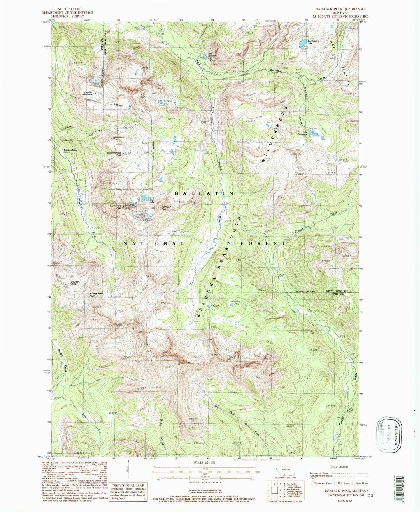 Classic USGS Haystack Peak Montana 7.5'x7.5' Topo Map Image
