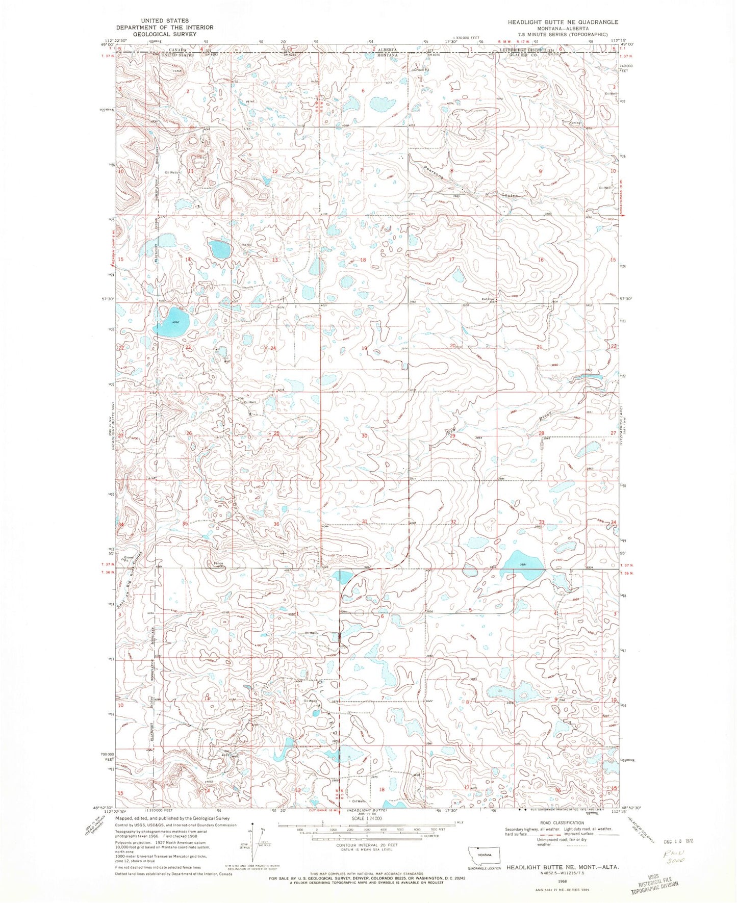 Classic USGS Headlight Butte NE Montana 7.5'x7.5' Topo Map Image
