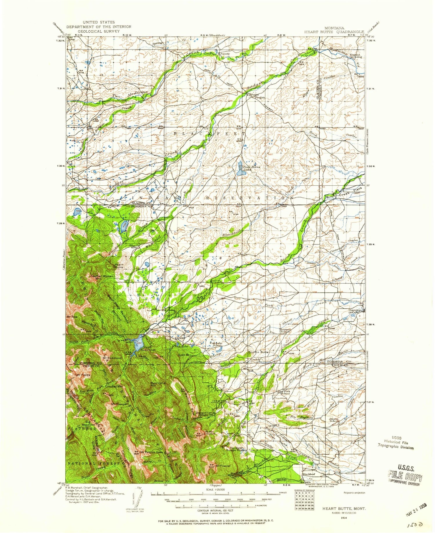 Historic 1914 Heart Butte Montana 30'x30' Topo Map Image