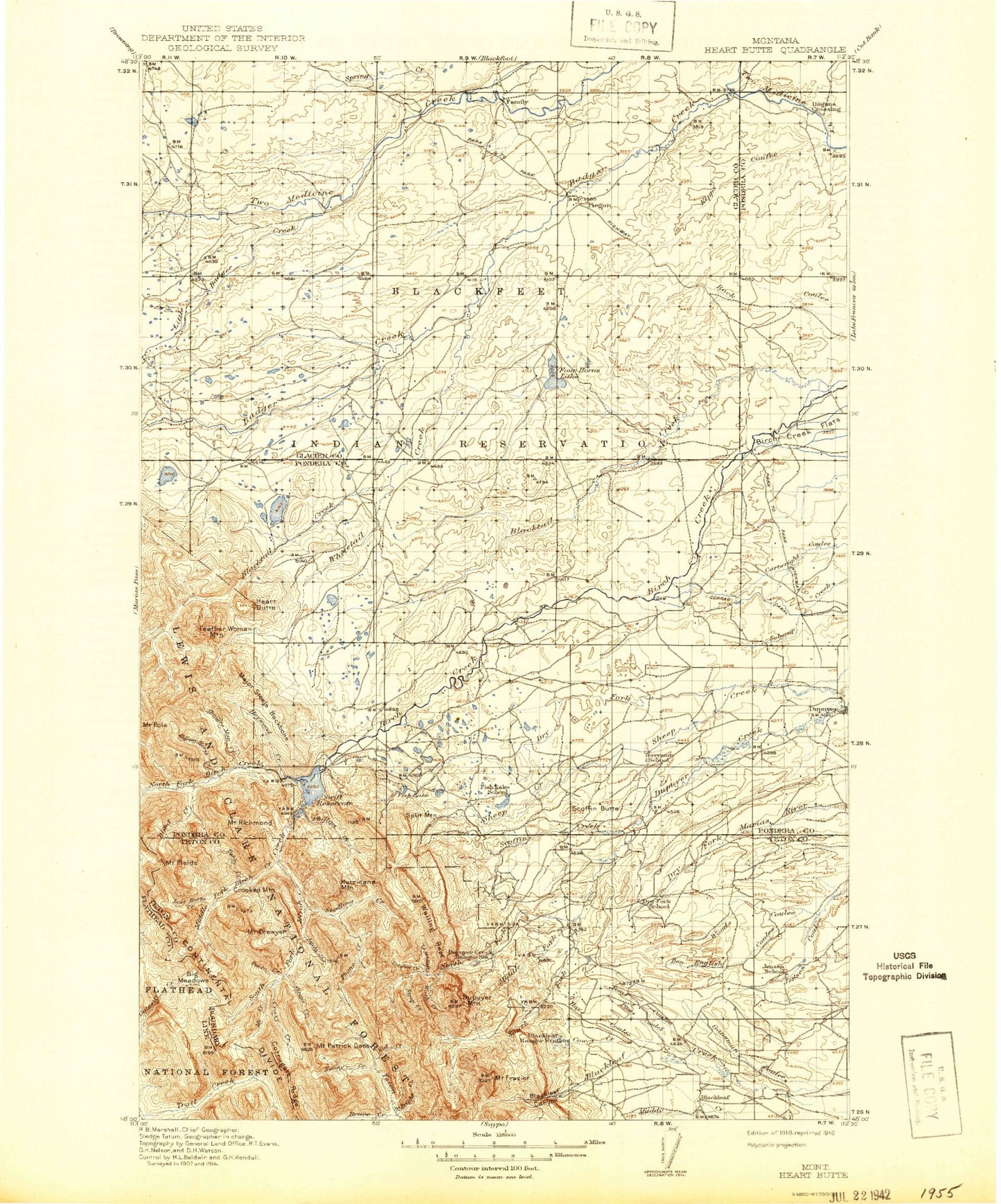 Historic 1918 Heart Butte Montana 30'x30' Topo Map Image