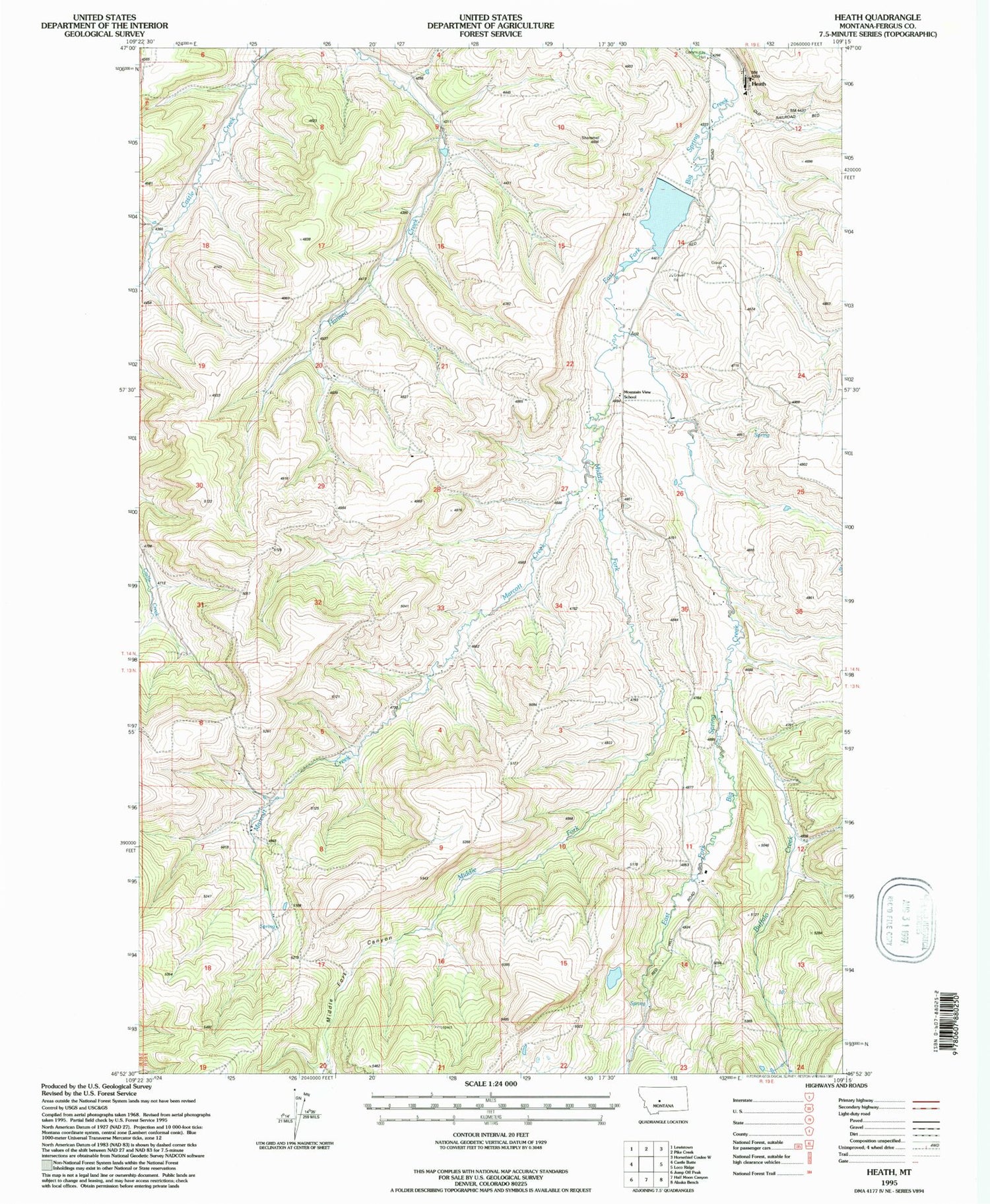 Classic USGS Heath Montana 7.5'x7.5' Topo Map Image