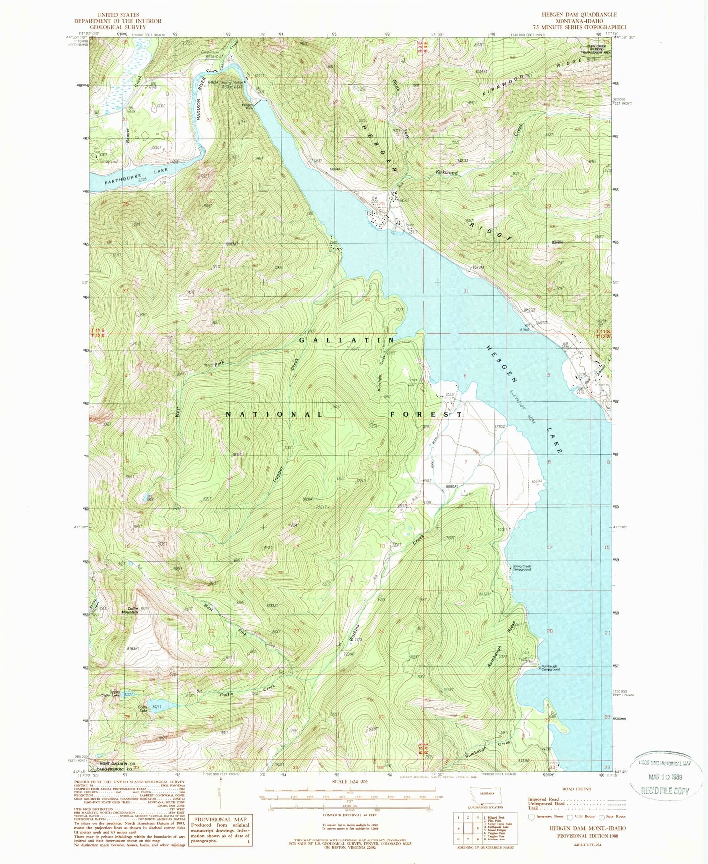 Classic USGS Hebgen Dam Montana 7.5'x7.5' Topo Map Image