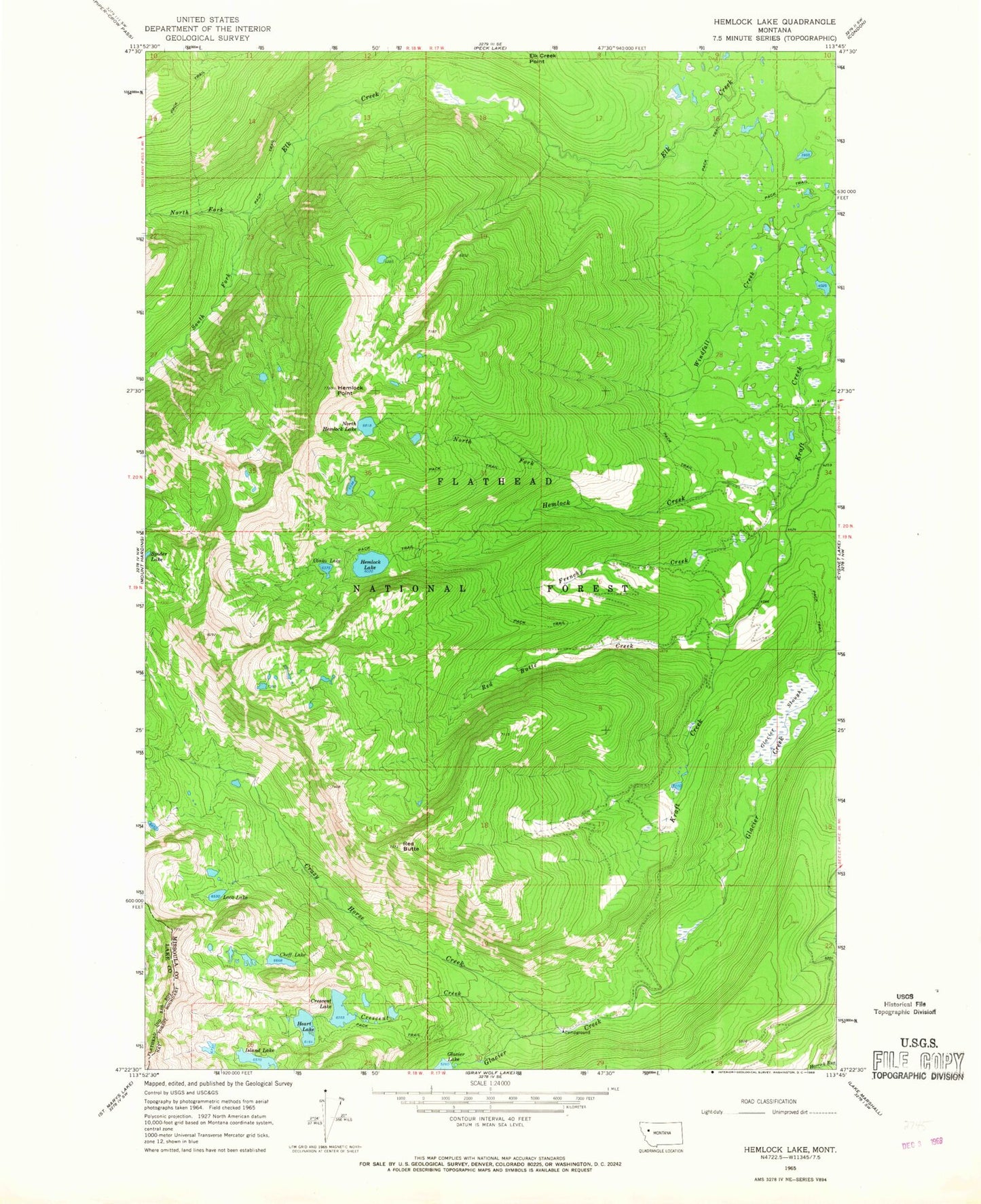 Classic USGS Hemlock Lake Montana 7.5'x7.5' Topo Map Image
