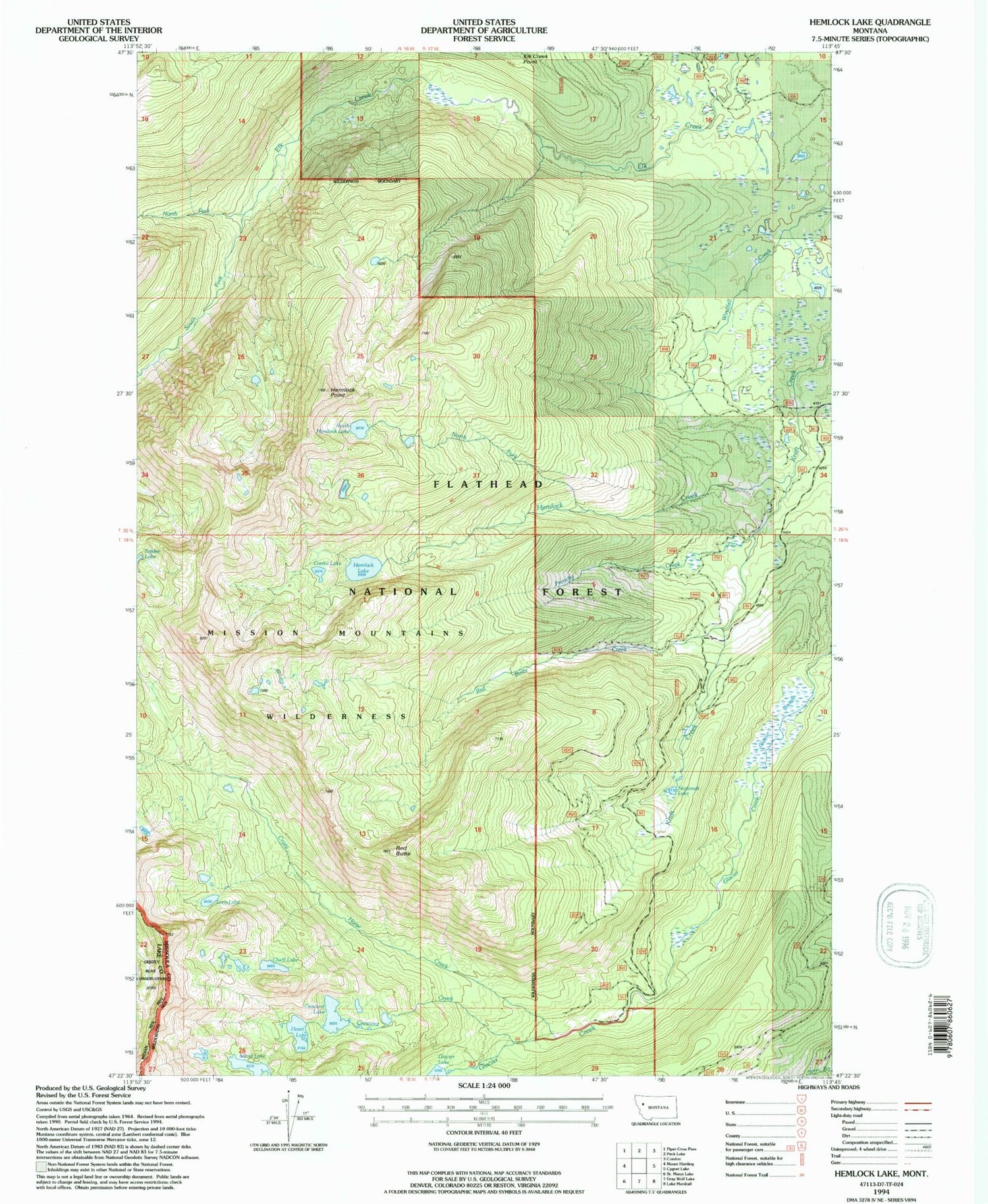 Classic USGS Hemlock Lake Montana 7.5'x7.5' Topo Map Image