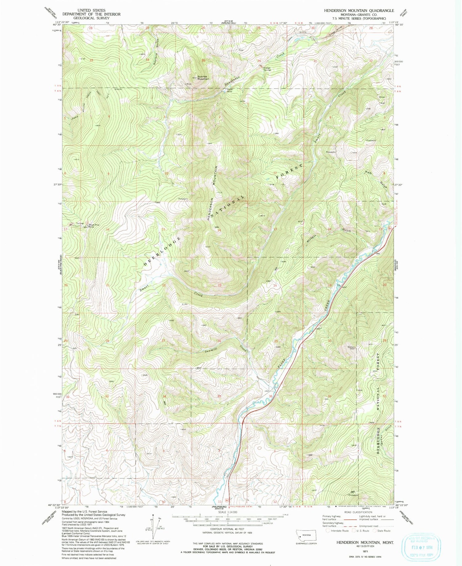 Classic USGS Henderson Mountain Montana 7.5'x7.5' Topo Map Image