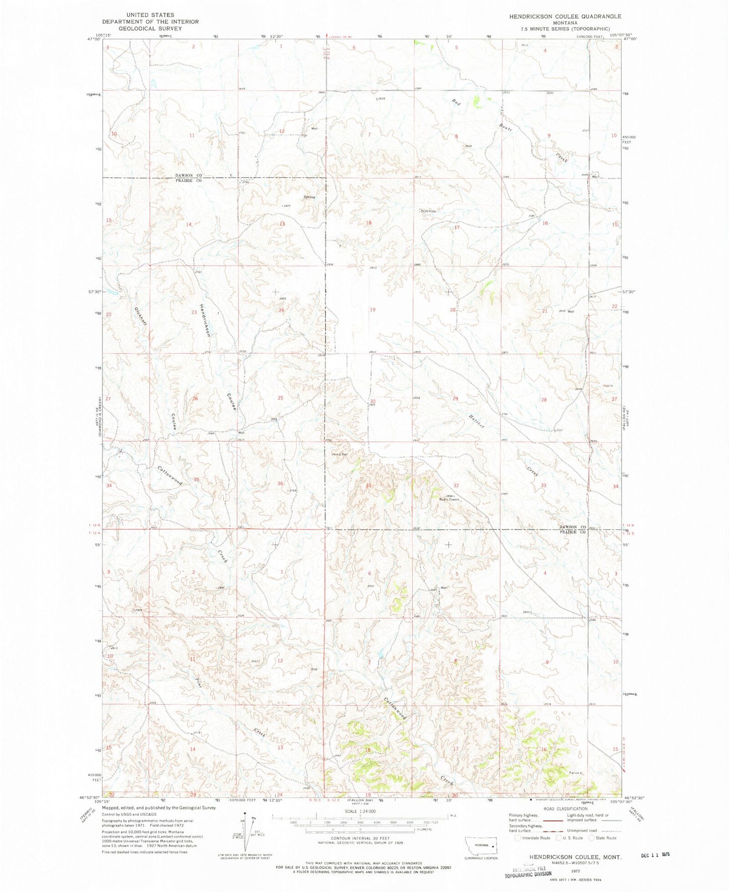 Classic USGS Hendrickson Coulee Montana 7.5'x7.5' Topo Map Image