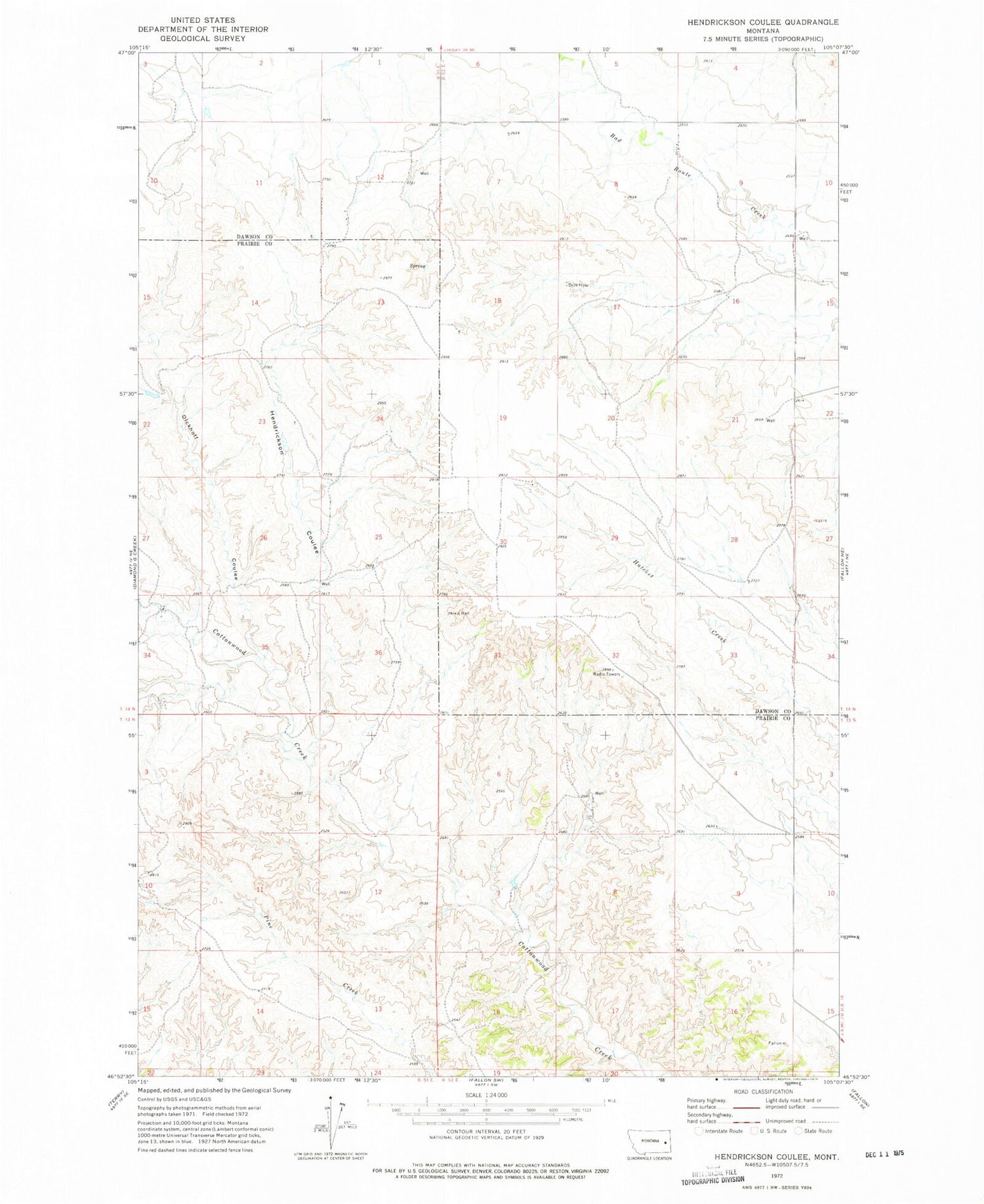 Classic USGS Hendrickson Coulee Montana 7.5'x7.5' Topo Map Image