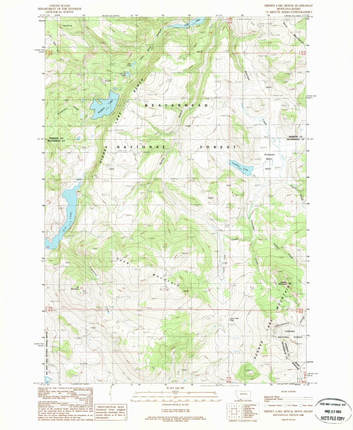 Classic USGS Hidden Lake Bench Montana 7.5'x7.5' Topo Map Image