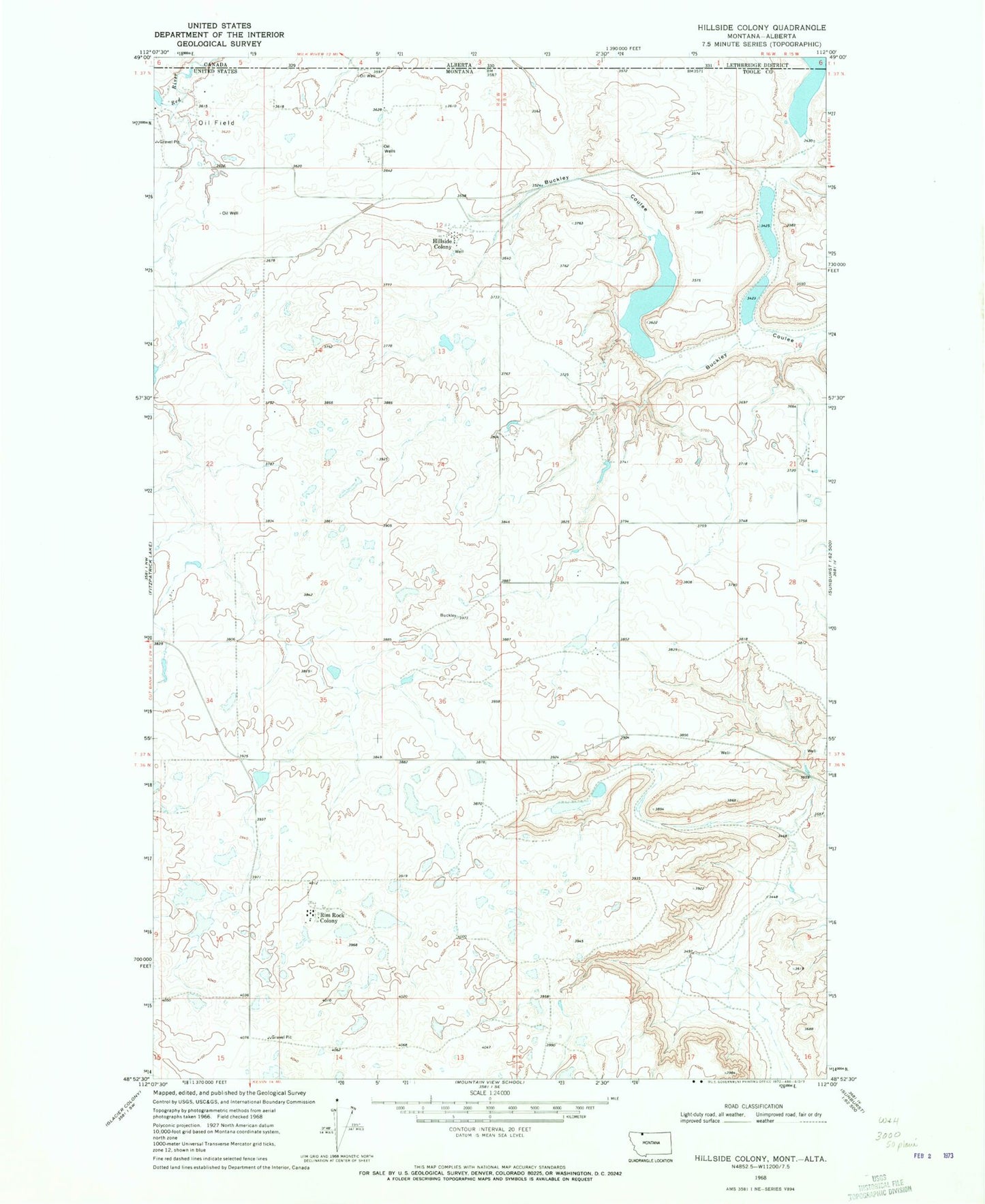 Classic USGS Hillside Colony Montana 7.5'x7.5' Topo Map Image