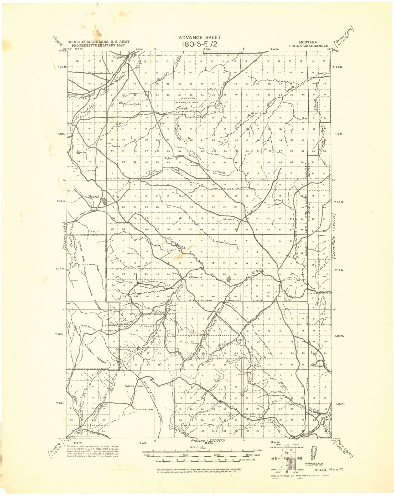 Historic 1943 Hogan Montana 30'x30' Topo Map Image