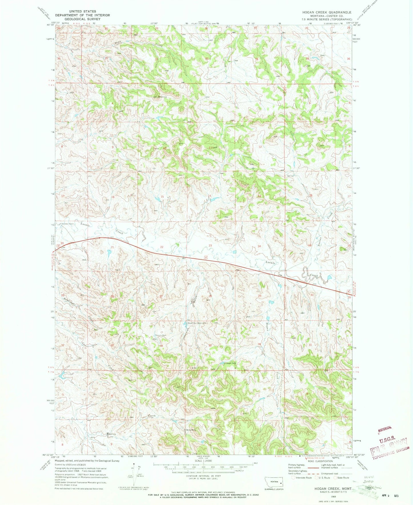 Classic USGS Hogan Creek Montana 7.5'x7.5' Topo Map Image