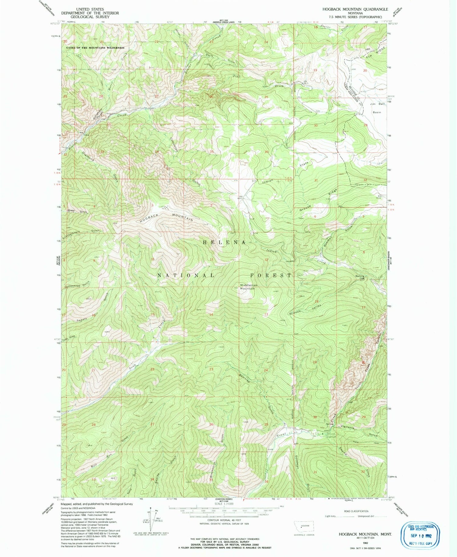 Classic USGS Hogback Mountain Montana 7.5'x7.5' Topo Map Image