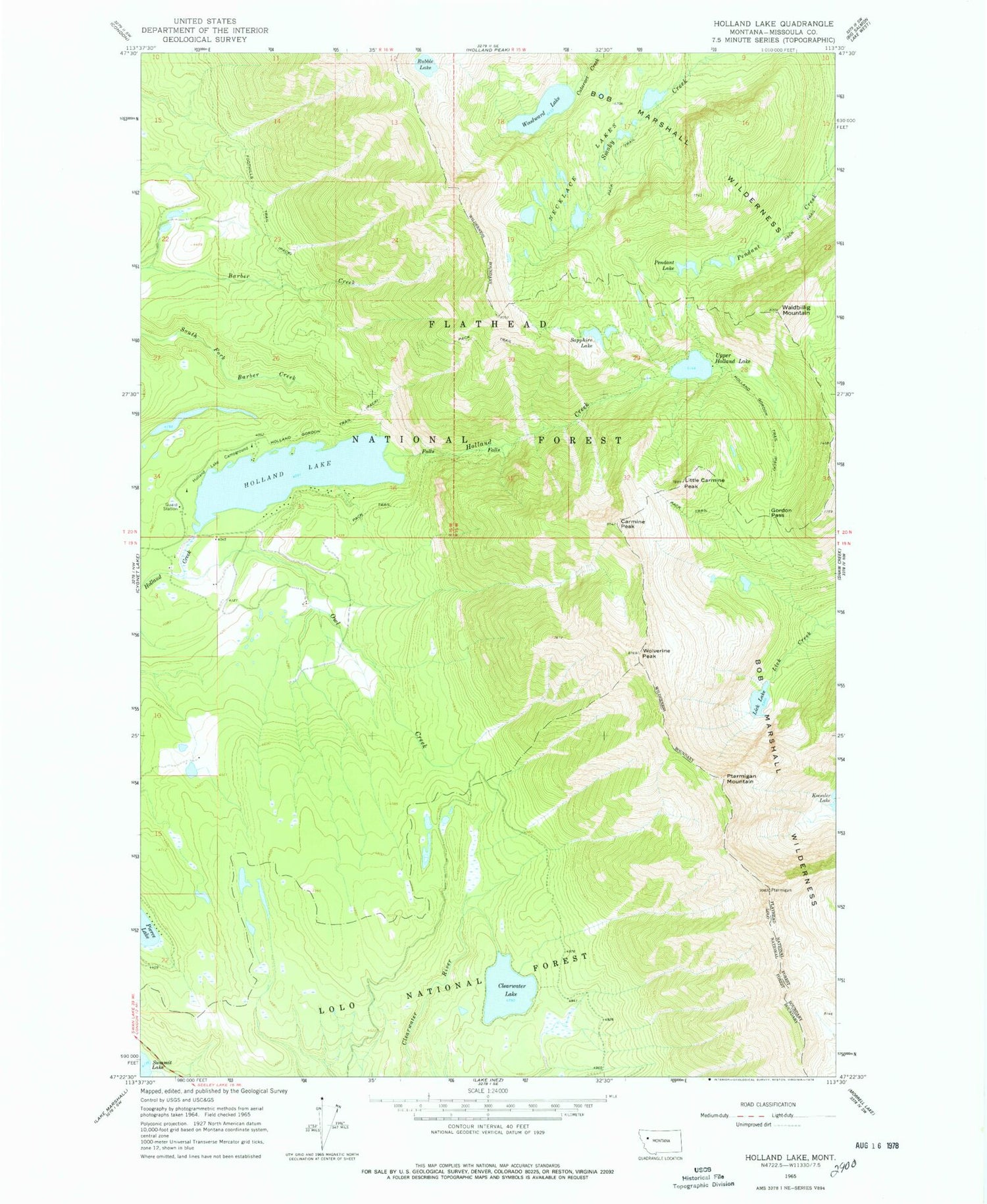 Classic USGS Holland Lake Montana 7.5'x7.5' Topo Map Image