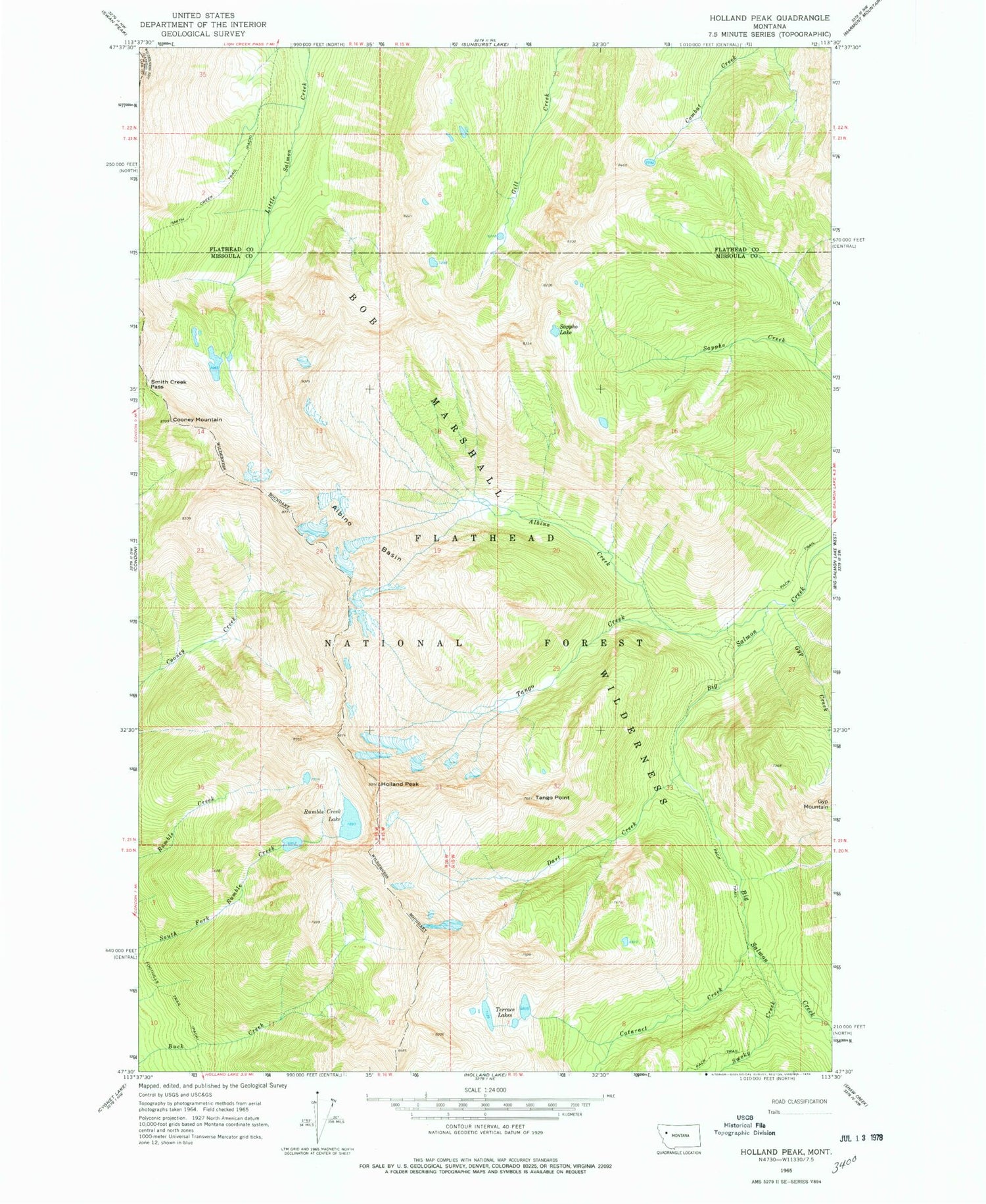 Classic USGS Holland Peak Montana 7.5'x7.5' Topo Map Image