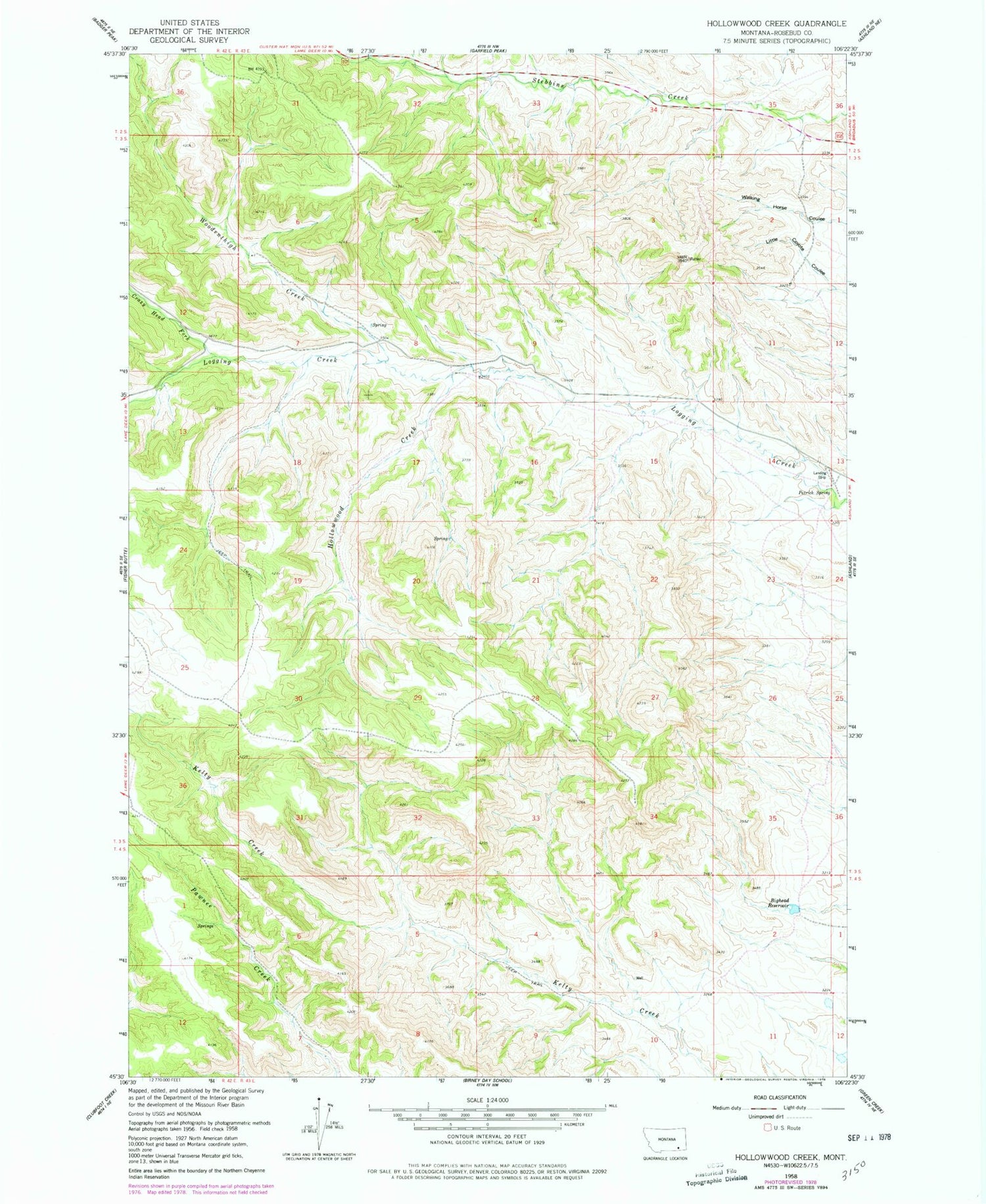 Classic USGS Hollowwood Creek Montana 7.5'x7.5' Topo Map Image