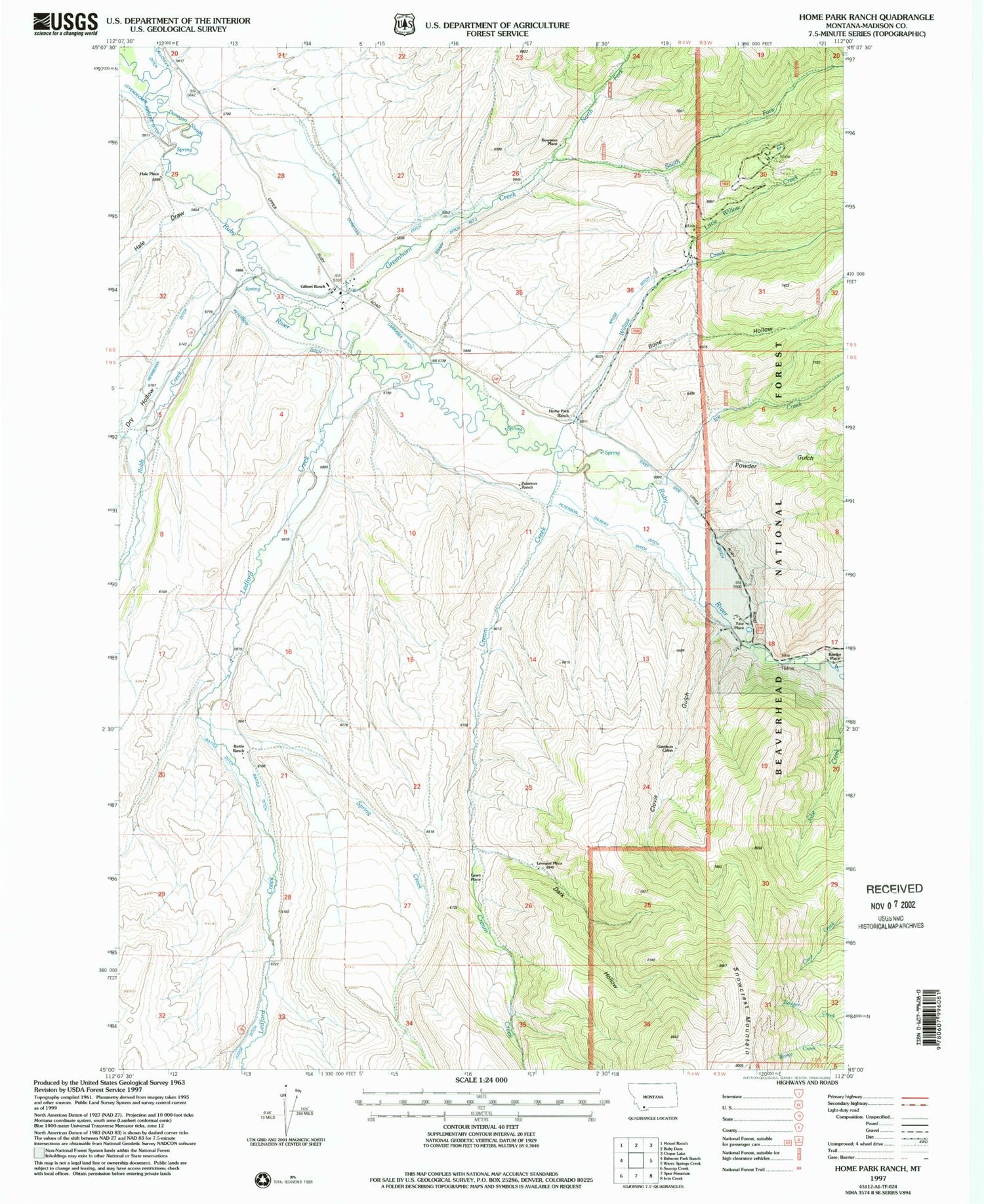 Classic USGS Home Park Ranch Montana 7.5'x7.5' Topo Map Image