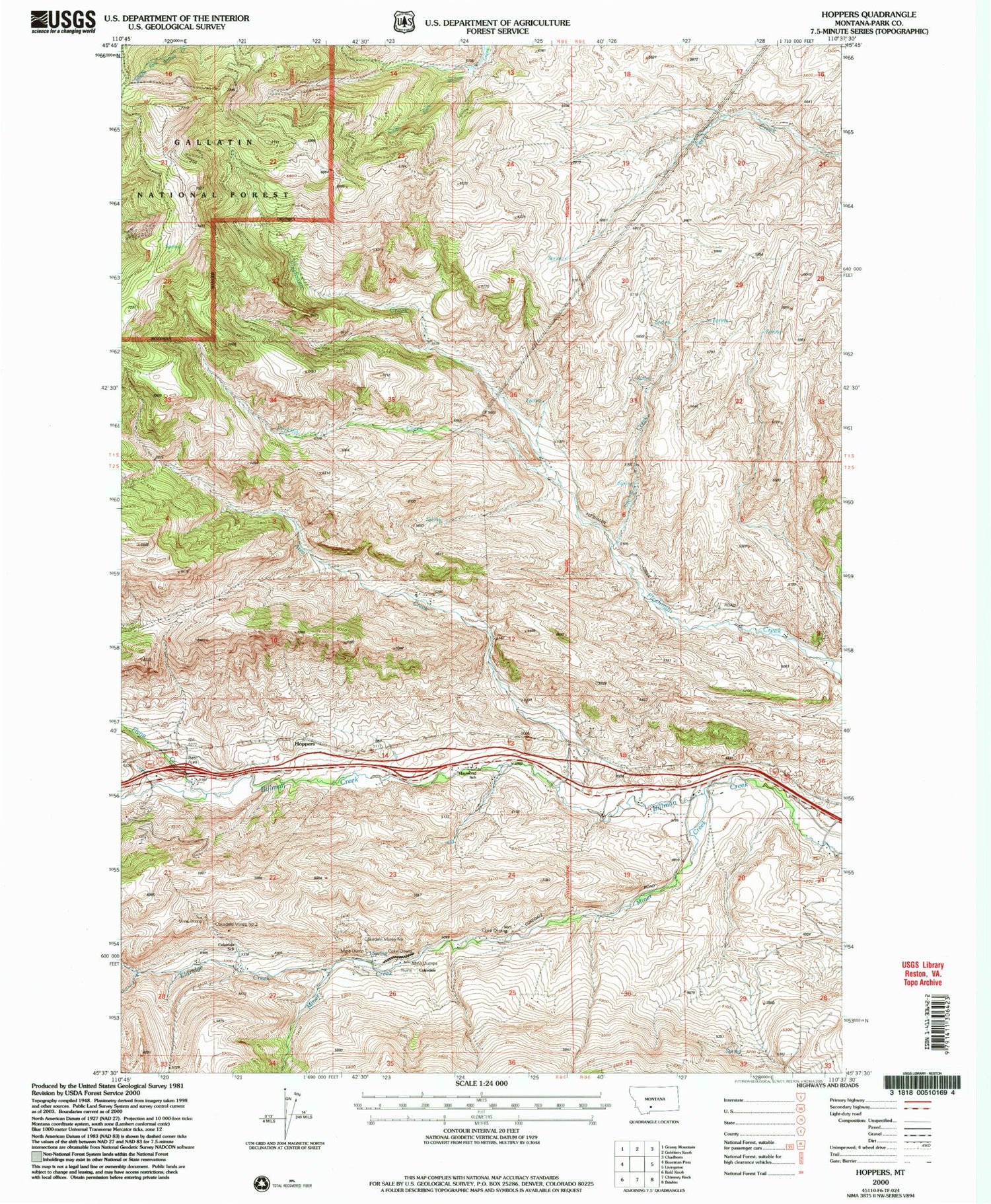 Classic USGS Hoppers Montana 7.5'x7.5' Topo Map Image