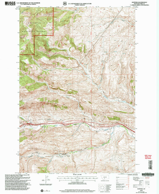 Classic USGS Hoppers Montana 7.5'x7.5' Topo Map Image