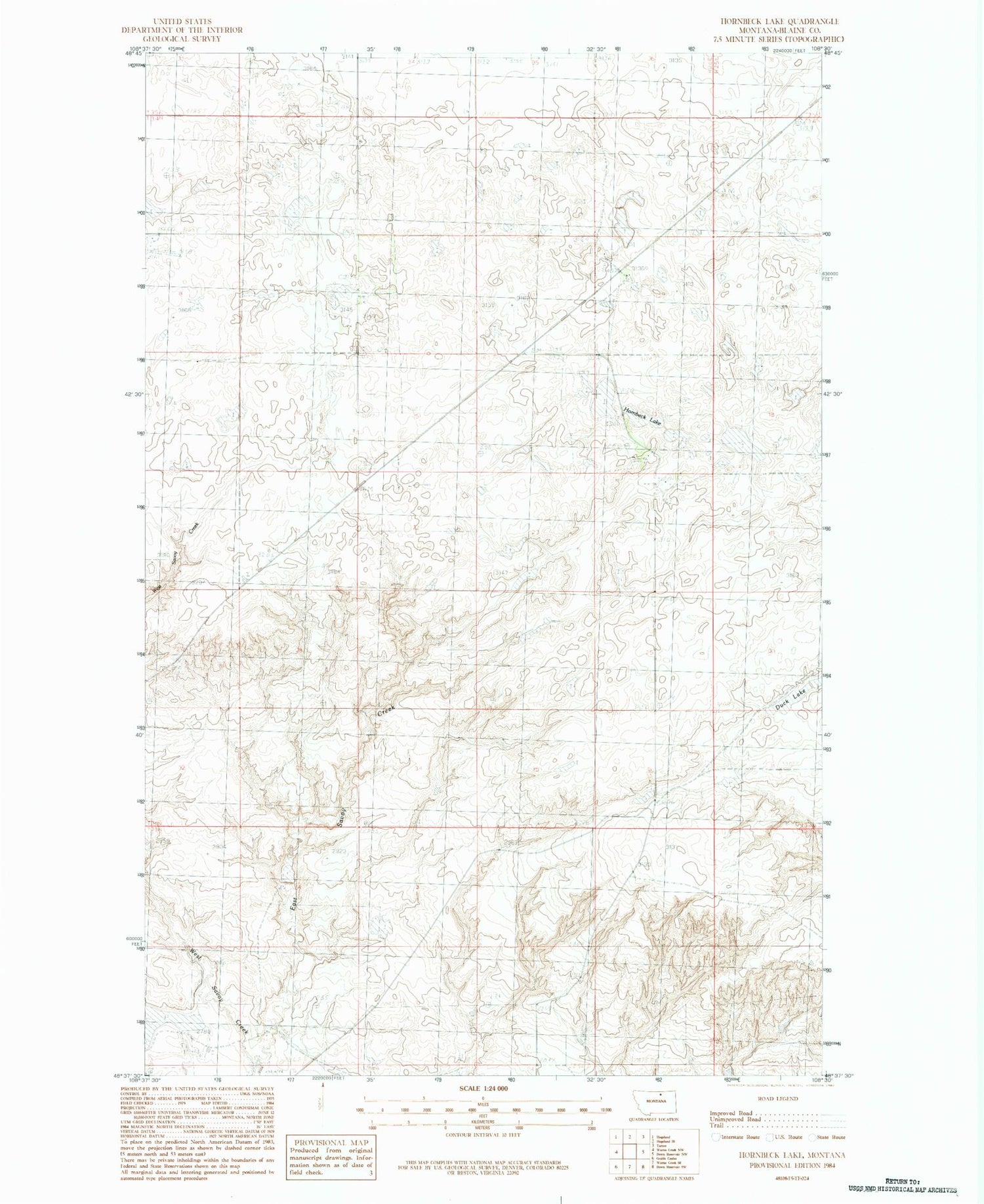 Classic USGS Hornbeck Lake Montana 7.5'x7.5' Topo Map Image