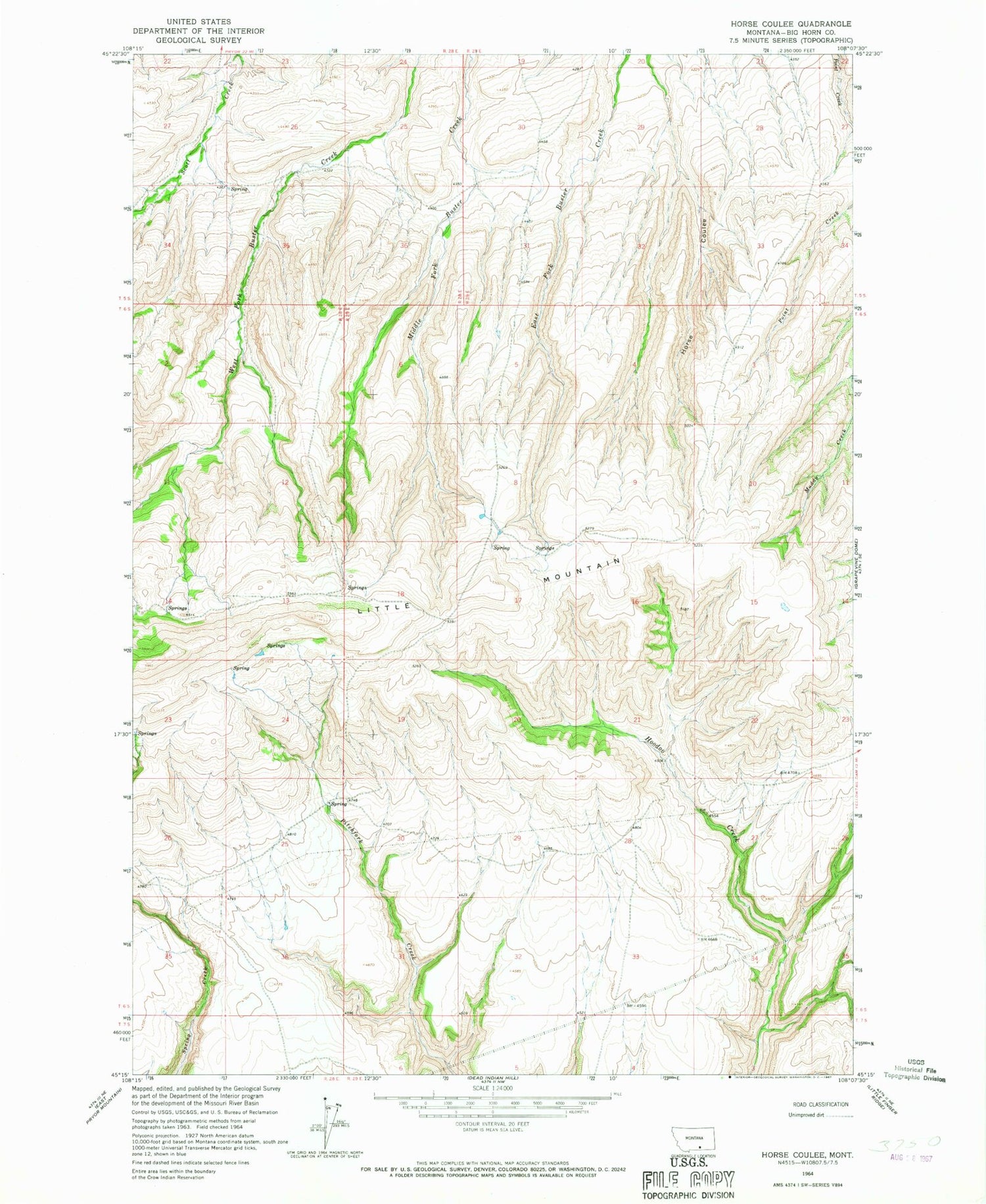 Classic USGS Bear Coulee SW Montana 7.5'x7.5' Topo Map Image