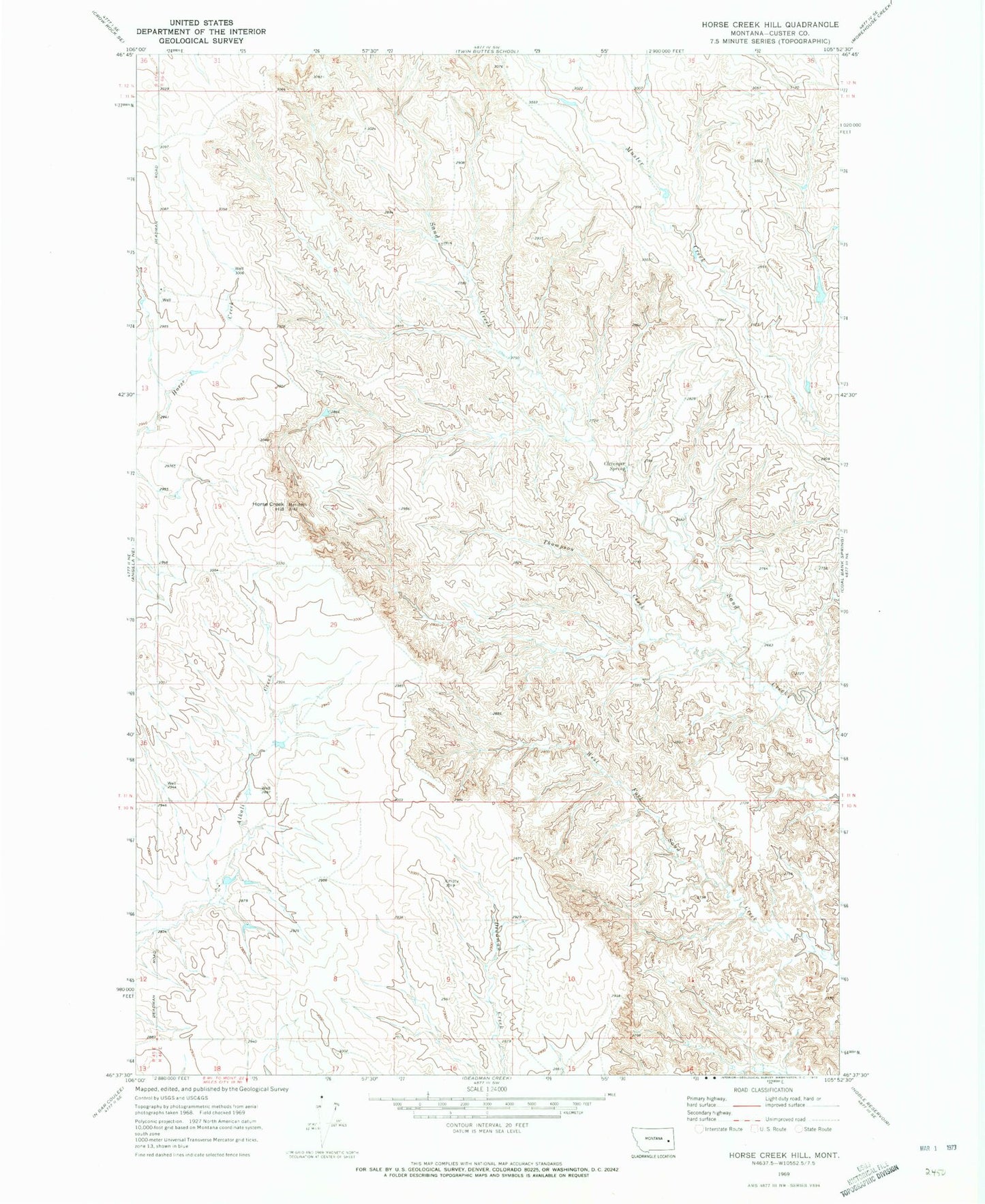 Classic USGS Horse Creek Hill Montana 7.5'x7.5' Topo Map Image