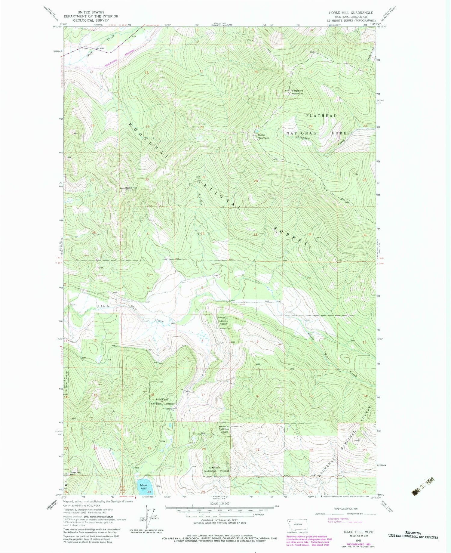 Classic USGS Horse Hill Montana 7.5'x7.5' Topo Map Image