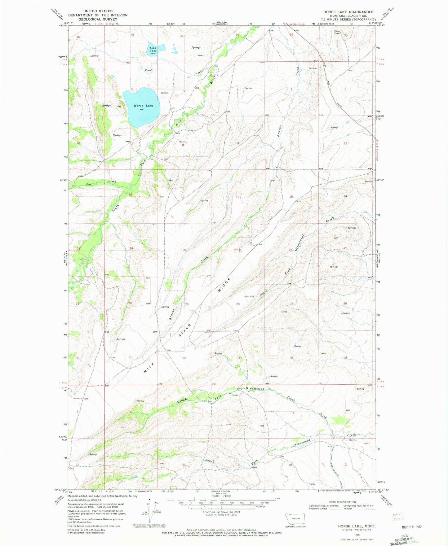 Classic USGS Horse Lake Montana 7.5'x7.5' Topo Map Image