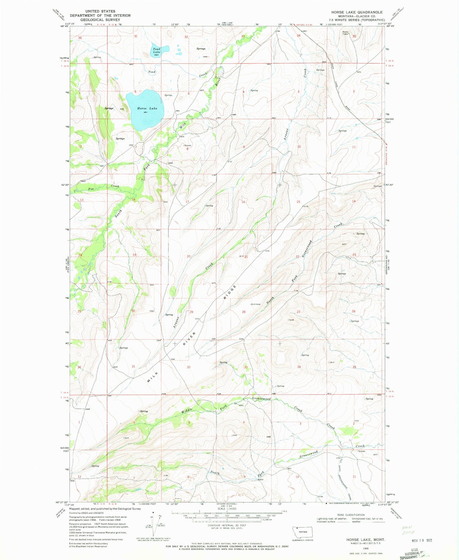 Classic USGS Horse Lake Montana 7.5'x7.5' Topo Map Image