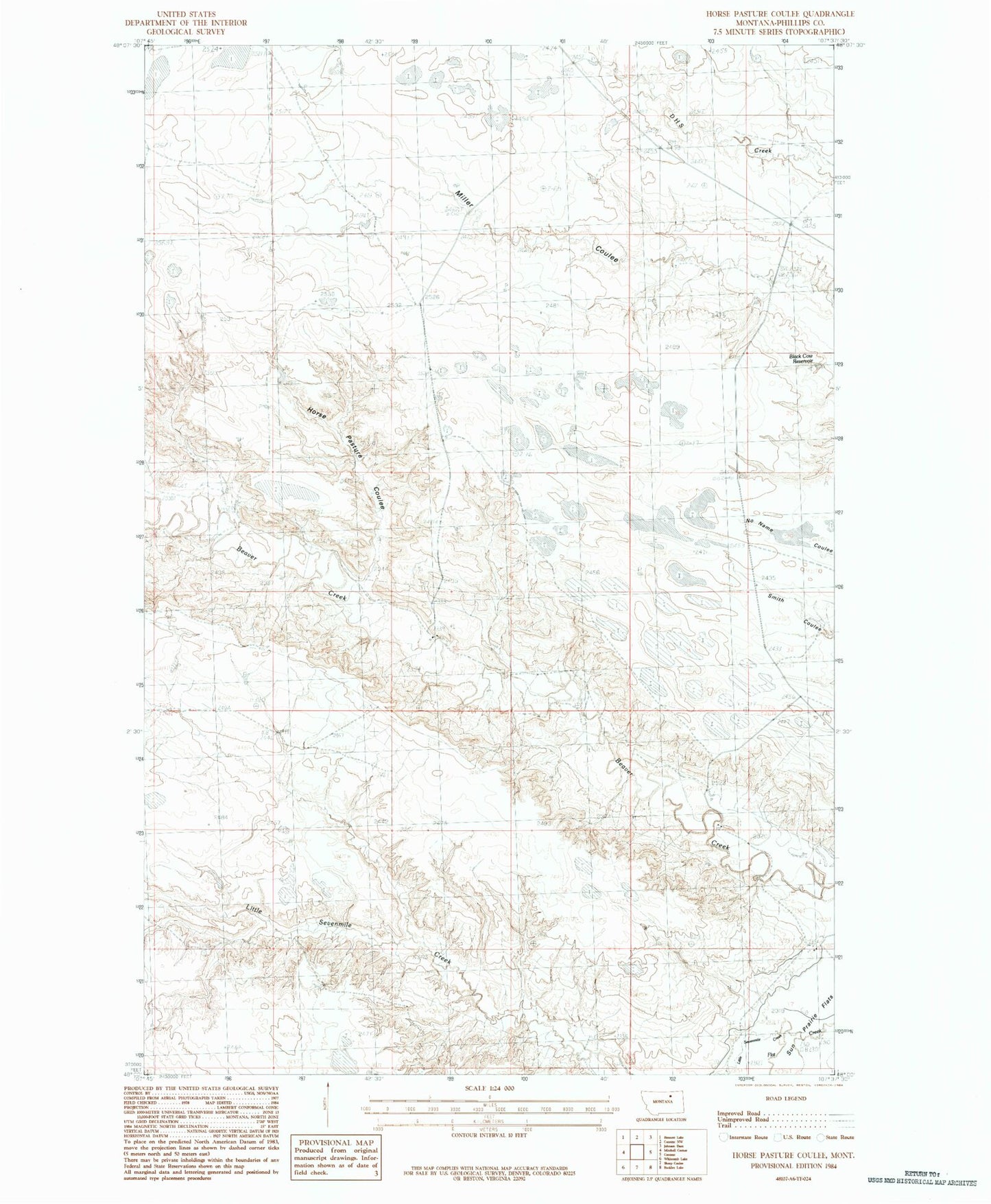 Classic USGS Horse Pasture Coulee Montana 7.5'x7.5' Topo Map Image
